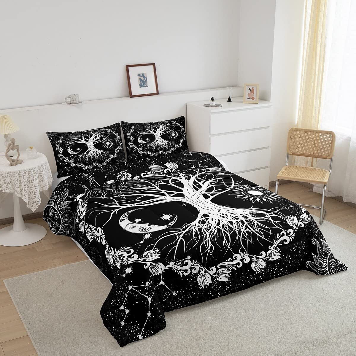 Tree Of Life Boys Comforter Set Full Size Sun And Moon Bedding Set Kids Teens Bedroom Decor Black And White Constellations Comforter Set Floral Botanical Quilt Set With 2 Pillowcases