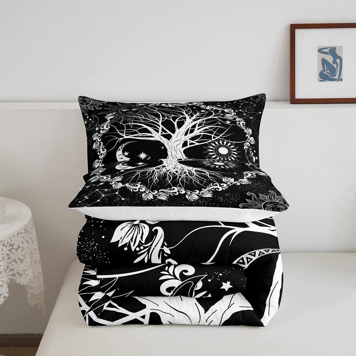 Tree Of Life Boys Comforter Set Full Size Sun And Moon Bedding Set Kids Teens Bedroom Decor Black And White Constellations Comforter Set Floral Botanical Quilt Set With 2 Pillowcases