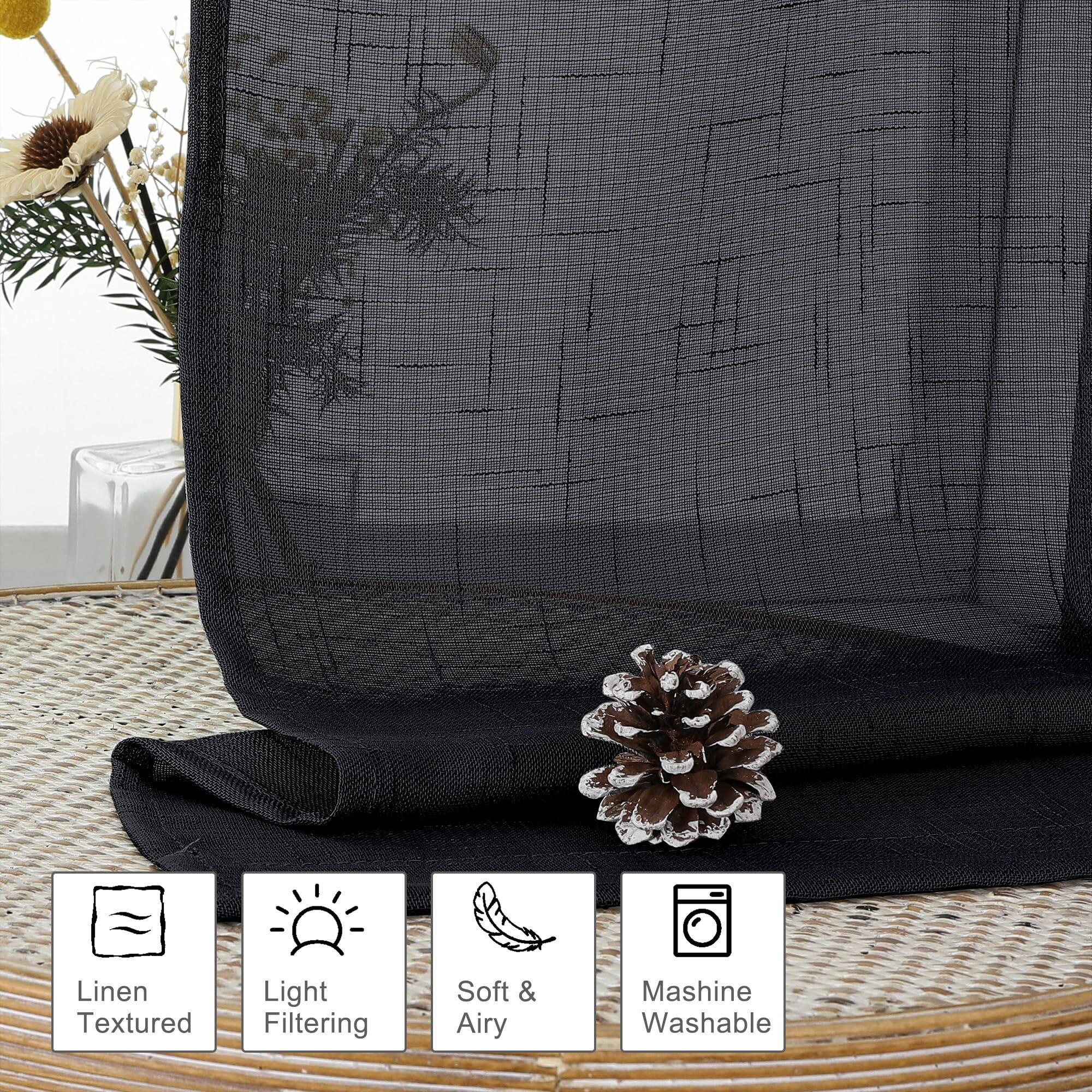 Aiyufeng Black Sheer Curtains 45 Inch Length 2 Panels, Short Linen Curtains For Kitchen, Small Window Curtains Window Treatment Privacy With Light Filtering For Cafe/Bathroom, Each 30Wx45L Inch, Black