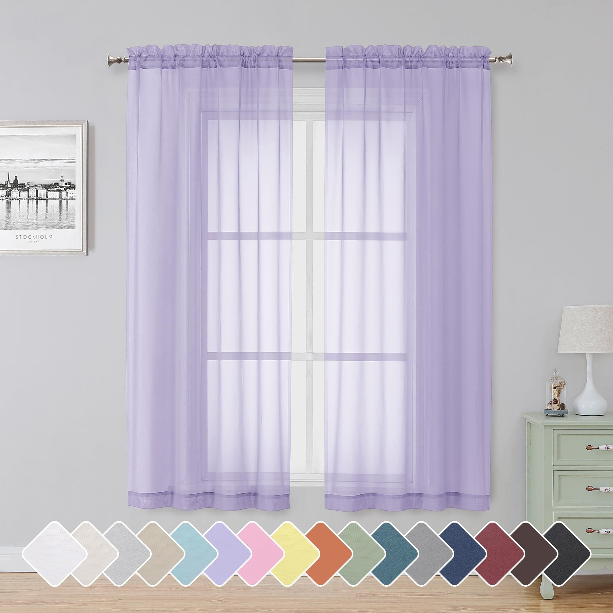Simplebrand Lavender Sheer Curtains 63 Inch Length 2 Panels, Rod Pocket Solid Color Window Sheer Curtain Panels, Elegant Curtains & Drapes For Living Room, Bedroom 2 Panels (42"" W X 63"" L)