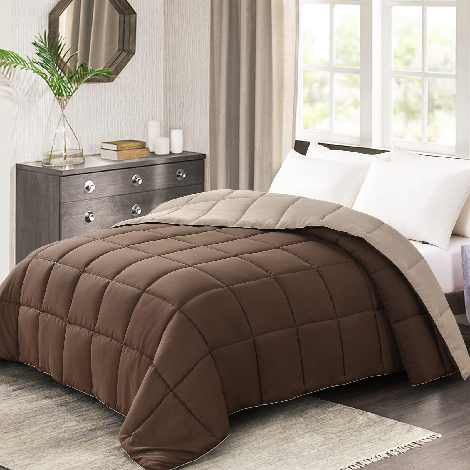Homelike Moment Lightweight Queen Comforter - Brown Down Alternative Comforters Queen Size Bed, All Season Duvet Insert Quilted Reversible Bedding Comforter Soft Queen Size Chocolate Brown/Beige