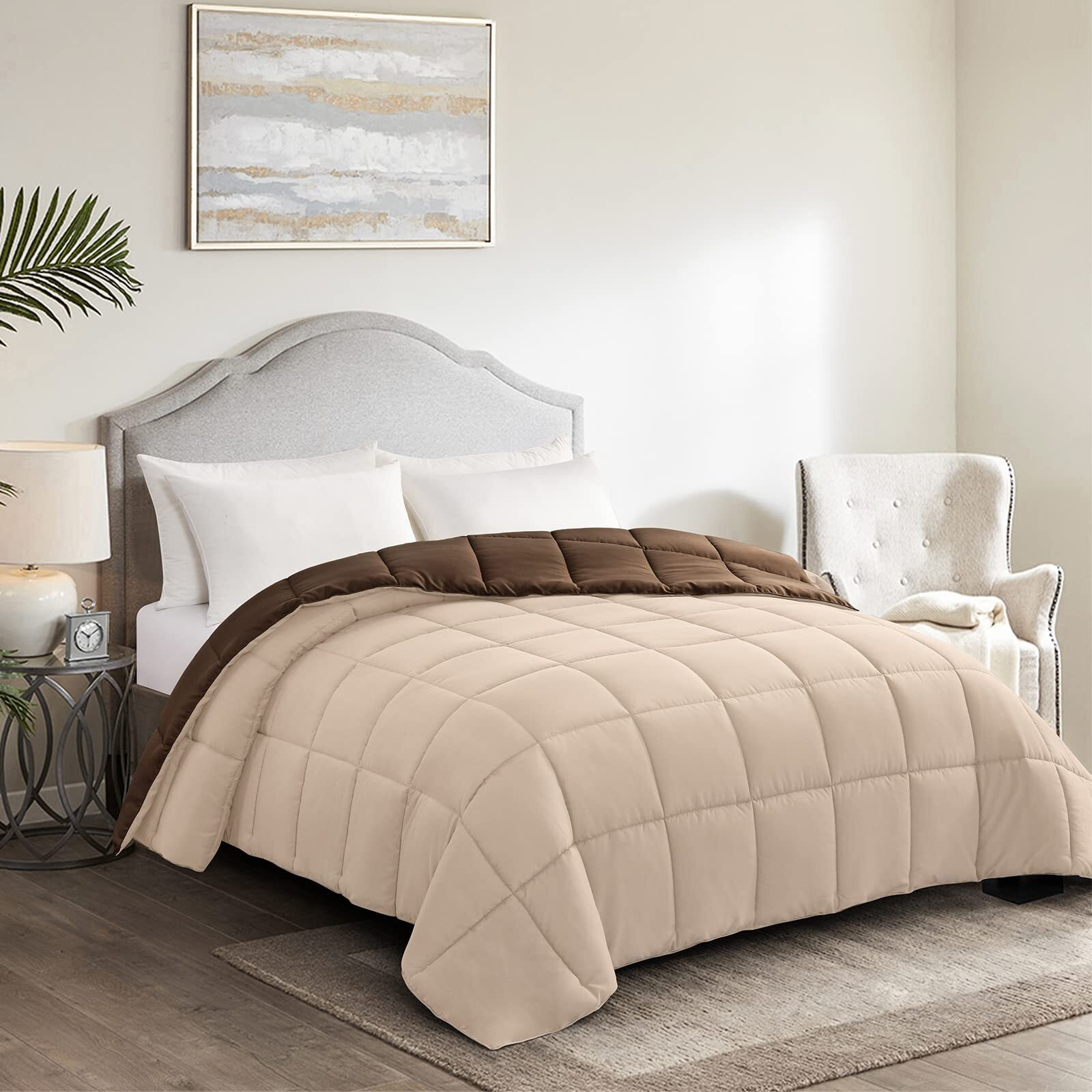 Homelike Moment Lightweight Queen Comforter - Brown Down Alternative Comforters Queen Size Bed, All Season Duvet Insert Quilted Reversible Bedding Comforter Soft Queen Size Chocolate Brown/Beige