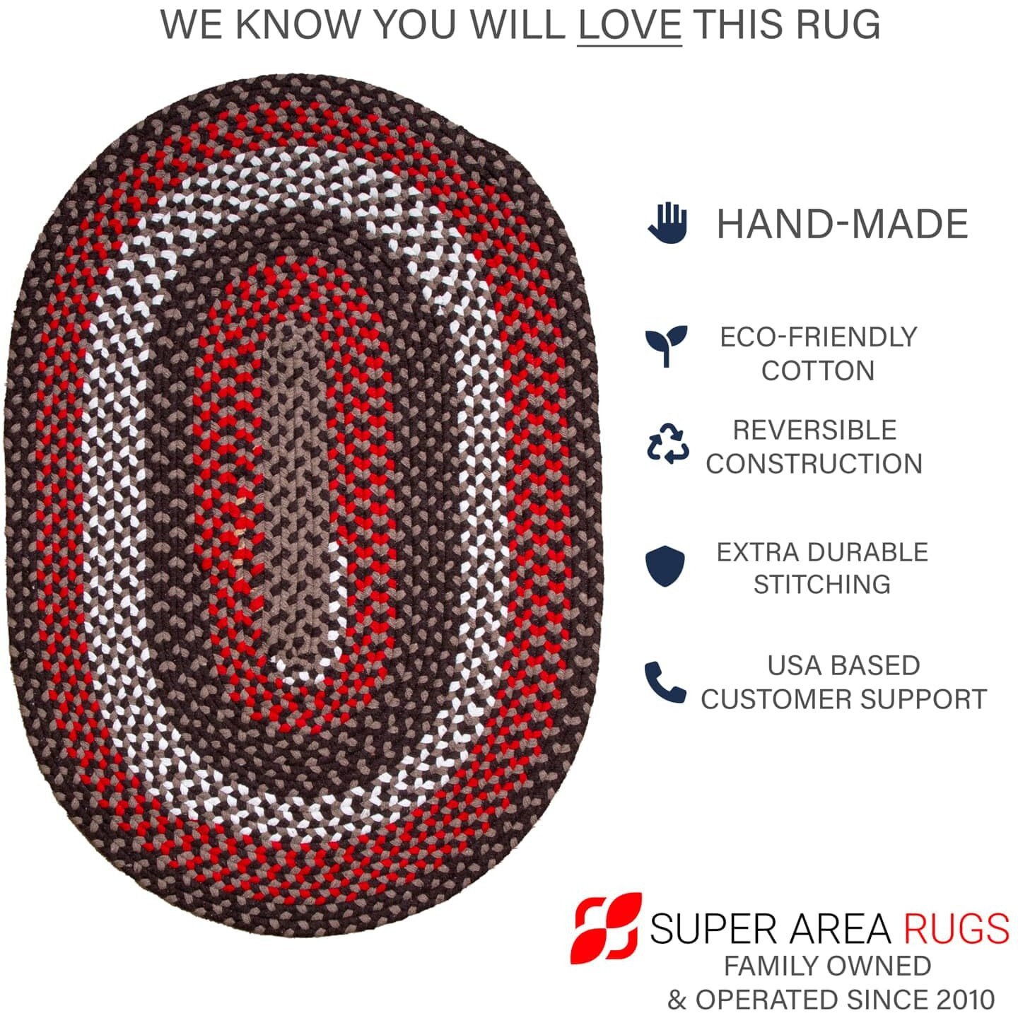 Super Area Rugs Oval 4 ' X 6 ' Brown - Red - Ivory Oval Braided Rug For Farmhouse Style Bedrooms And Living Rooms
