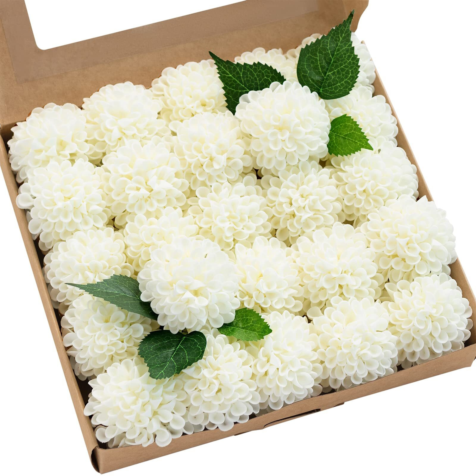 Ling's Moment Flowers Dahlia Artificial Flowers 25Pcs Ivory Flowers Fake Flowers W/Stem For Diy White Wedding Decor Centerpieces Arrangements Bouquets Bridal Shower Home Decorations