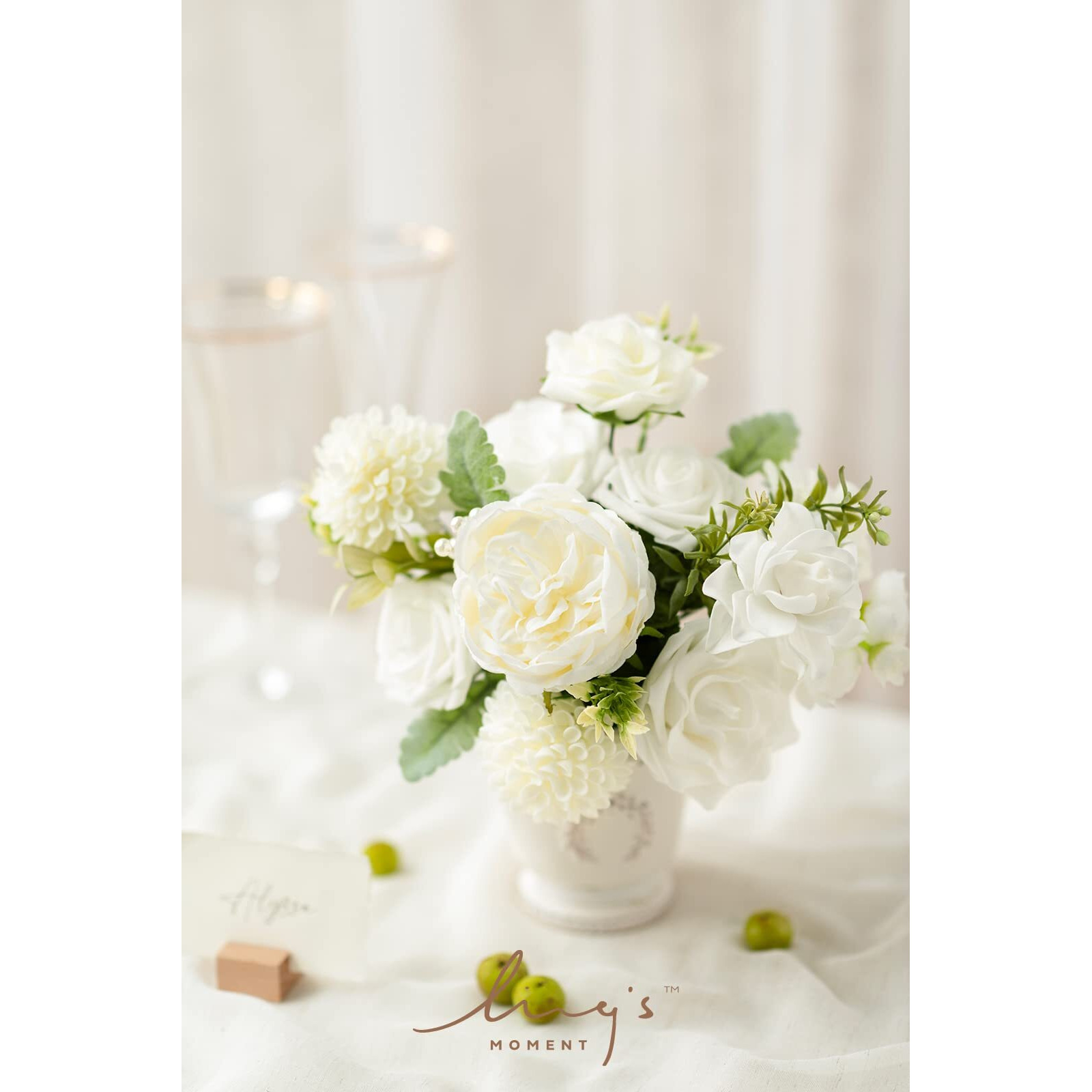 Ling's Moment Flowers Dahlia Artificial Flowers 25Pcs Ivory Flowers Fake Flowers W/Stem For Diy White Wedding Decor Centerpieces Arrangements Bouquets Bridal Shower Home Decorations