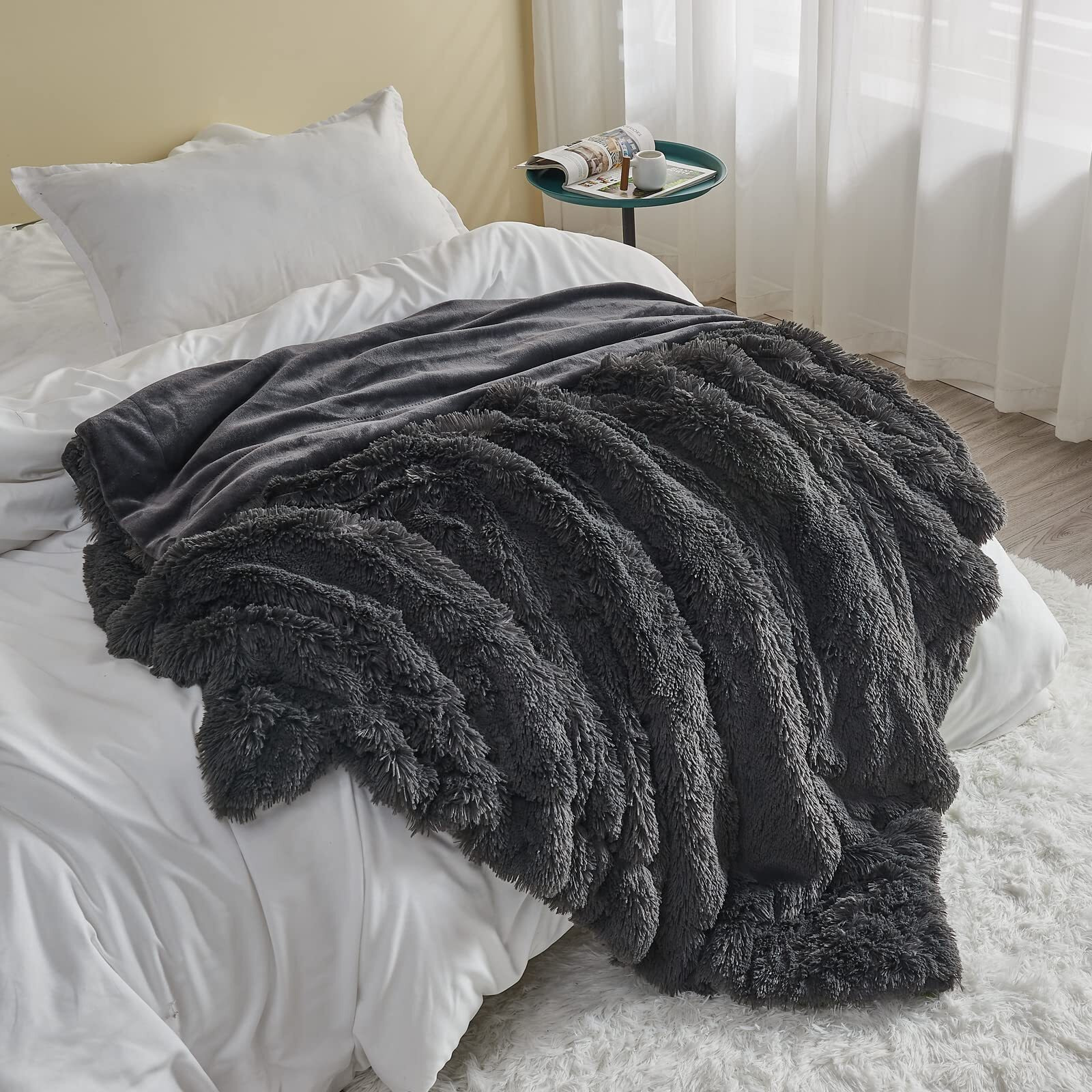 Gonaap Fuzzy Faux Fur Throw Blanket Dark Grey Super Soft Cozy Plush Fuzzy Shaggy Blanket For Couch Sofa Bed (Dark Grey, Throw(50"&quotX60""))