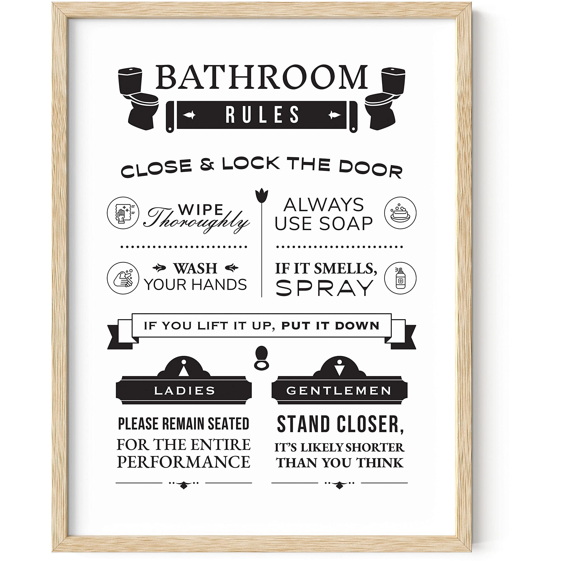 Haus And Hues Funny Bathroom Decor & Bathroom Signs - Funny Bathroom Wall Art & Bathroom Decor Signs, Funny Bathroom Signs, Funny Bathroom Art, Toilet Rules Wall Decor (Beige Frame, 12X16)