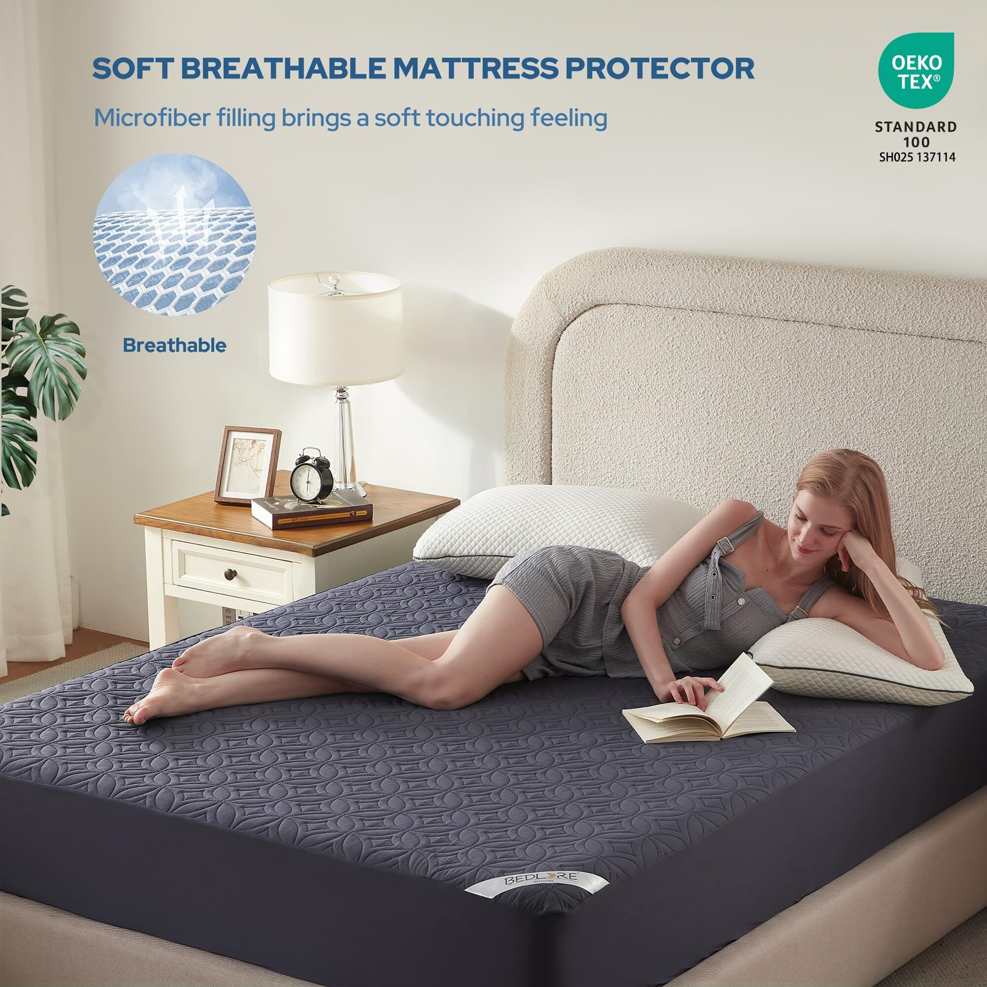 Bedlore Waterproof Mattress Protector, Full Size Mattress Pad With Deep Pocket 6 ""-15 "" Depth, Soft Dirt-Proof Double Bed Mattress Cover For Bedroom, College Dorm, Hotel (Navy Blue)