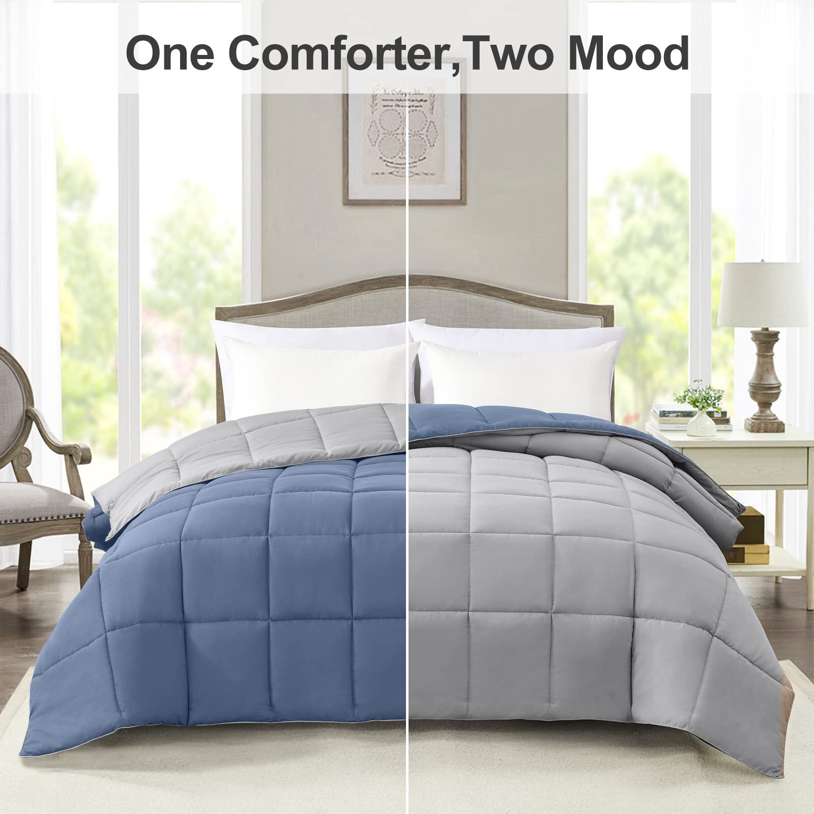 Homelike Moment Lightweight King Comforter - Blue Down Alternative Bedding King Size Comforters, All Season Duvet Insert Quilted Reversible Bed Comforter Soft Cozy King Size Blue/Grey