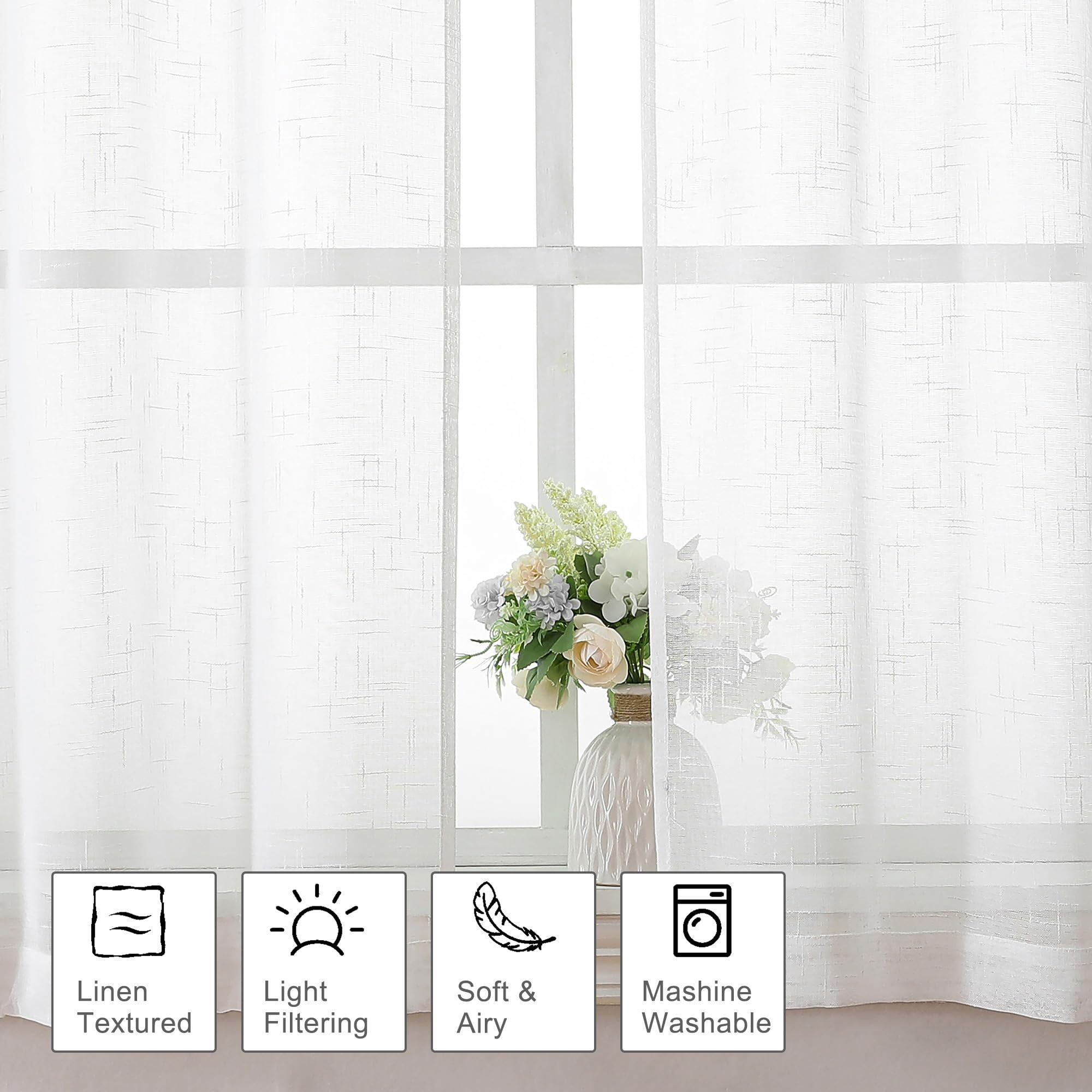 Aiyufeng Kirei Linen White Sheer Curtains - 2 Pieces, Elegant, Natural Light Flow, Rich Quality Material, Highly Durable Window Curtain Panels For Bedroom/Living Room (40"" W X 63"" L, Pure White)