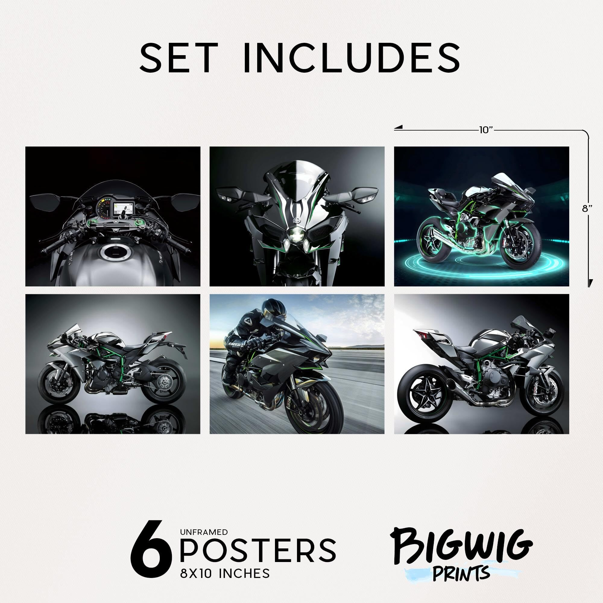 Bigwig Prints Kawasaki Ninja H2R Poster - Motorcycle D  Cor, Motorcycle Wall Art, Ninja H2 Poster, Motorcycle Poster, Motorcycle Art, Motorcycle Wall Decor, Motorcycle Posters - Unframed 6 Pack (8X10)