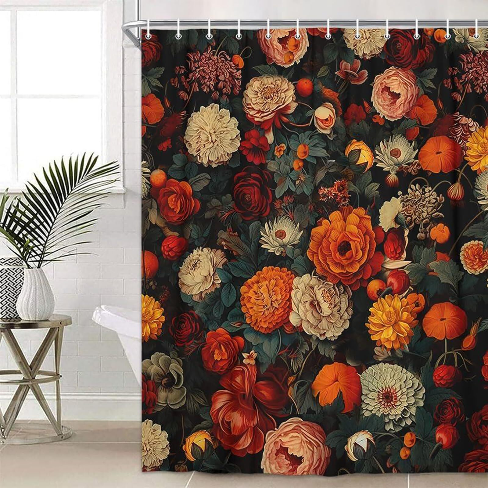 Drgilau Floral Shower Curtain, Vintage Floral Shower Curtain Set Red Flower Plants Bathroom Curtain, Boho Floral Shower Curtain Set With Hooks For Bathroom Decor 36X72 Inch