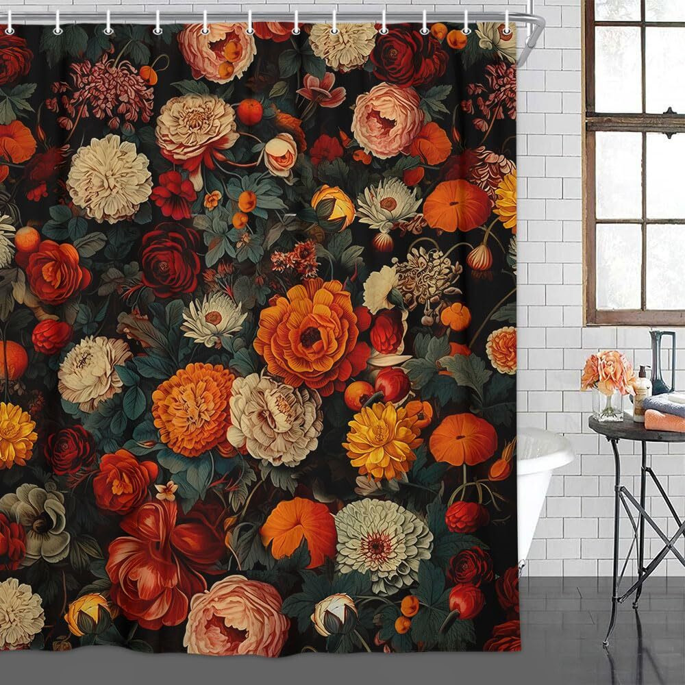 Drgilau Floral Shower Curtain, Vintage Floral Shower Curtain Set Red Flower Plants Bathroom Curtain, Boho Floral Shower Curtain Set With Hooks For Bathroom Decor 36X72 Inch