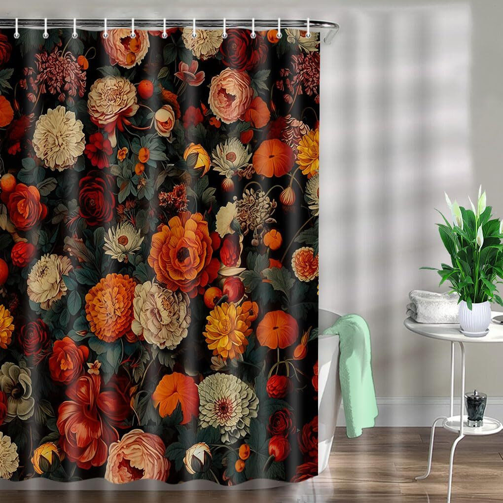 Drgilau Floral Shower Curtain, Vintage Floral Shower Curtain Set Red Flower Plants Bathroom Curtain, Boho Floral Shower Curtain Set With Hooks For Bathroom Decor 36X72 Inch