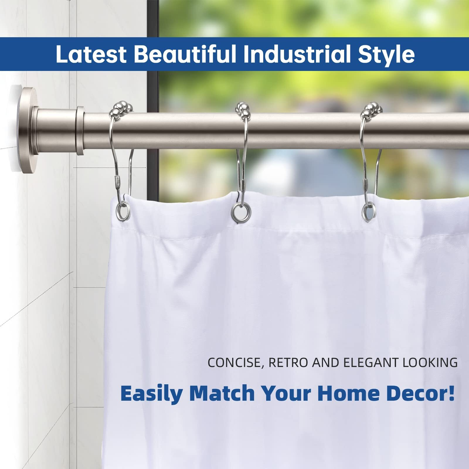 Briofox Industrial Shower Curtain Rod - Spring Tension Shower Rod 43-72 Inch, Satin Nickel