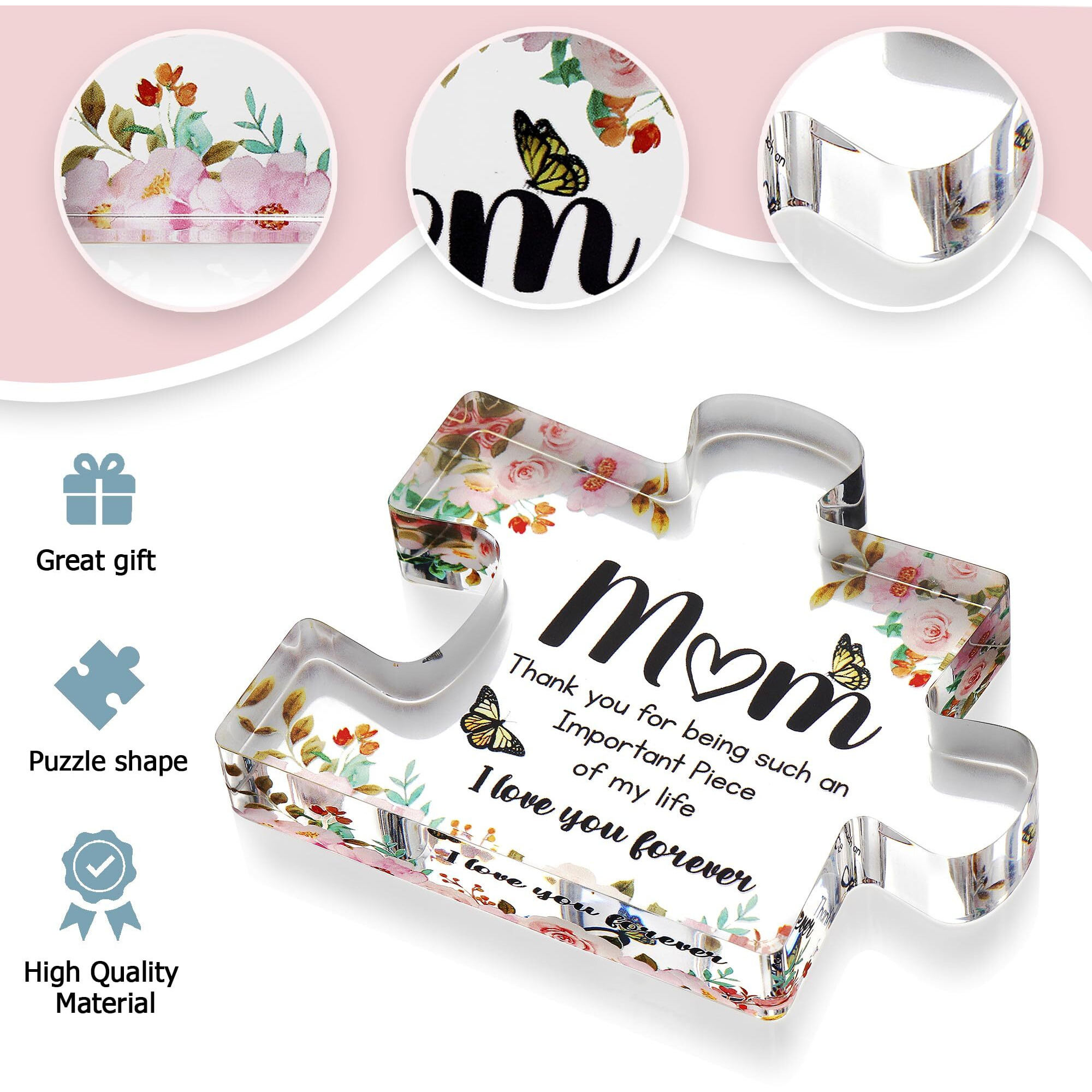 Gifts For Mom - Cute Engraved Acrylic Block Puzzle Piece - Adorable Mum Gift From Son, Daughter - Fun Christmas, Mothers Day, Retirement Gift Idea - Fancy Decoration Piece For Home, Office