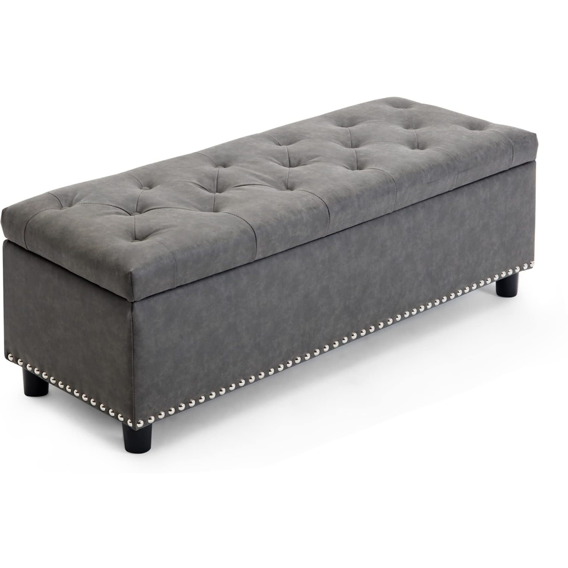 Belleze 47 Inch Storage Ottoman, Tufted Ottoman Faux Leather Storage Bench With Safety Close Hinge, Ottoman With Storage For Living Room, Entryway, Hallway, Foot Rest, Support 300Lbs - Rustic Gray