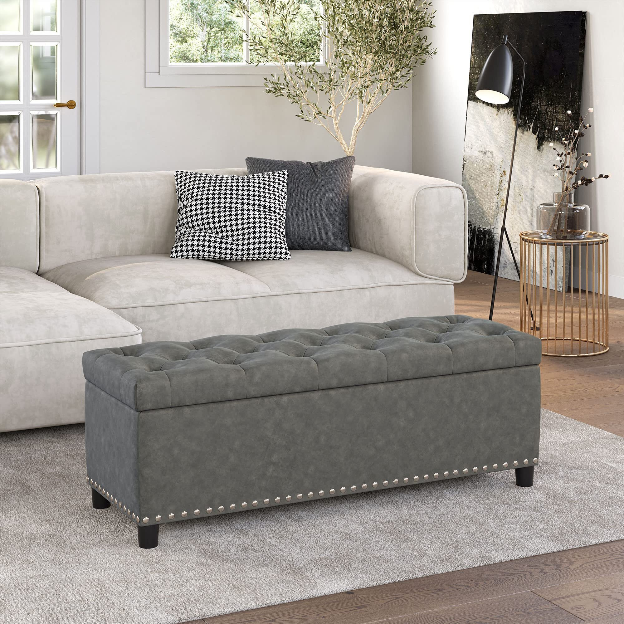 Belleze 47 Inch Storage Ottoman, Tufted Ottoman Faux Leather Storage Bench With Safety Close Hinge, Ottoman With Storage For Living Room, Entryway, Hallway, Foot Rest, Support 300Lbs - Rustic Gray