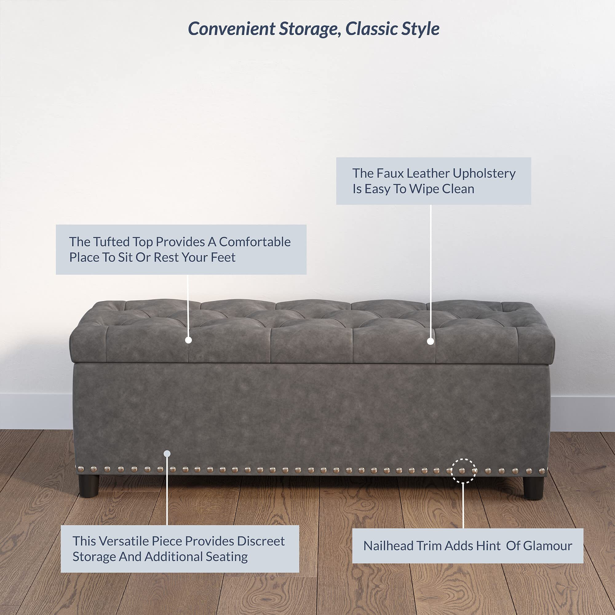 Belleze 47 Inch Storage Ottoman, Tufted Ottoman Faux Leather Storage Bench With Safety Close Hinge, Ottoman With Storage For Living Room, Entryway, Hallway, Foot Rest, Support 300Lbs - Rustic Gray