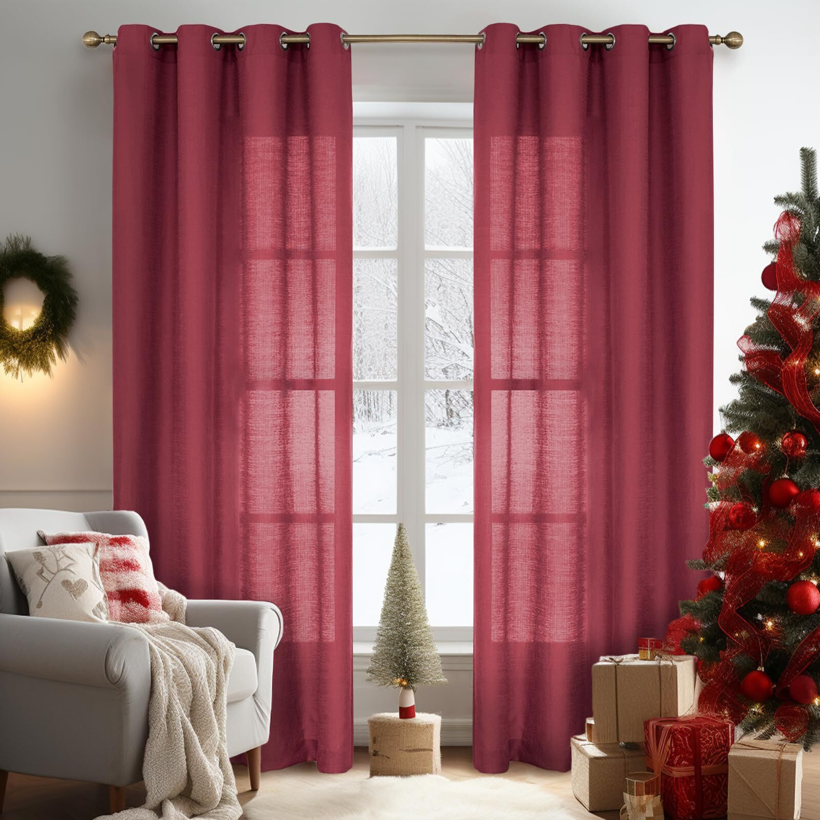 Melodieux Burgundy Semi Sheer Curtains 84 Inches Long For Small Windows Living Room Bedroom Linen Look Rustic Grommet Voile Drapes, 42 X 84 Inch (2 Panels)