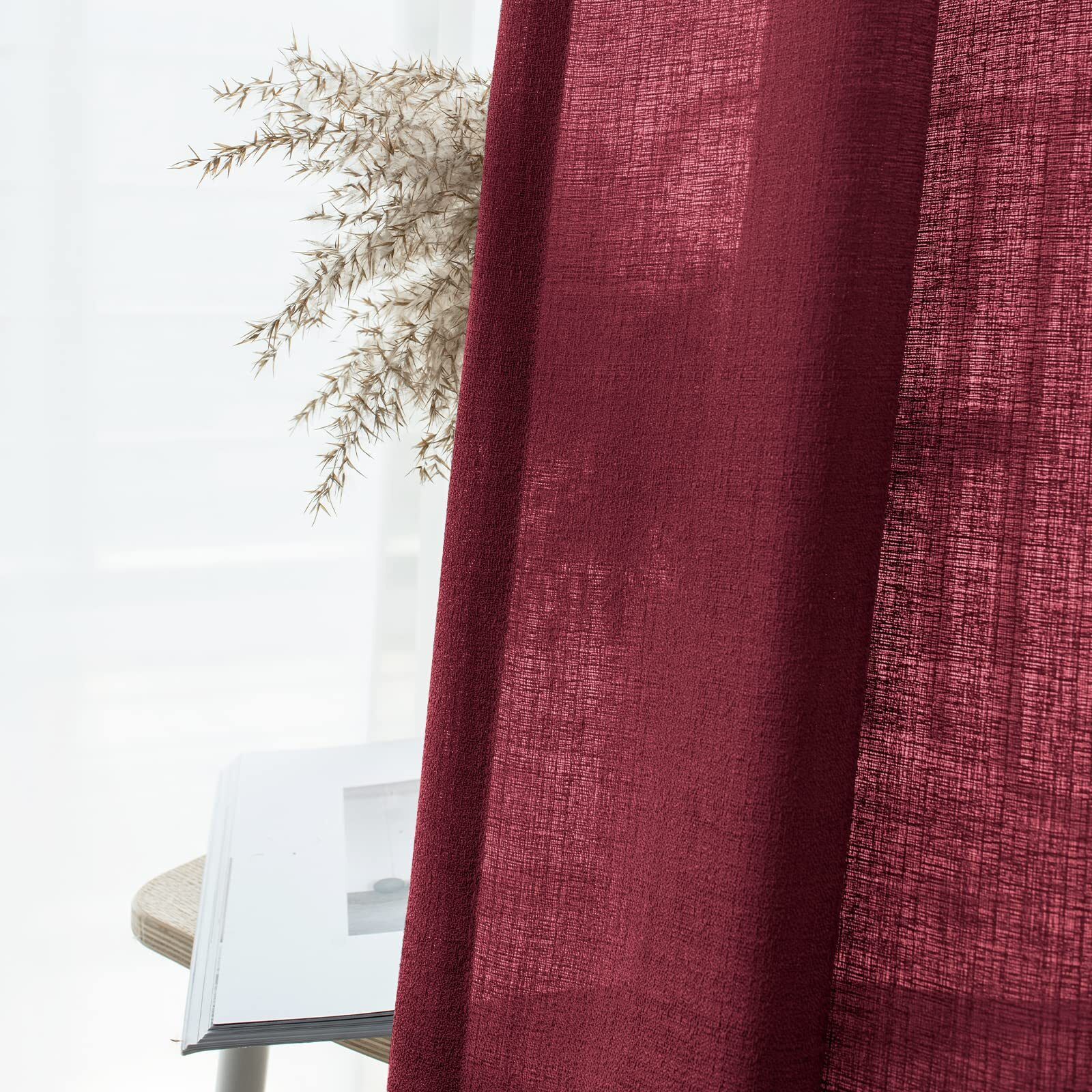 Melodieux Burgundy Semi Sheer Curtains 84 Inches Long For Small Windows Living Room Bedroom Linen Look Rustic Grommet Voile Drapes, 42 X 84 Inch (2 Panels)