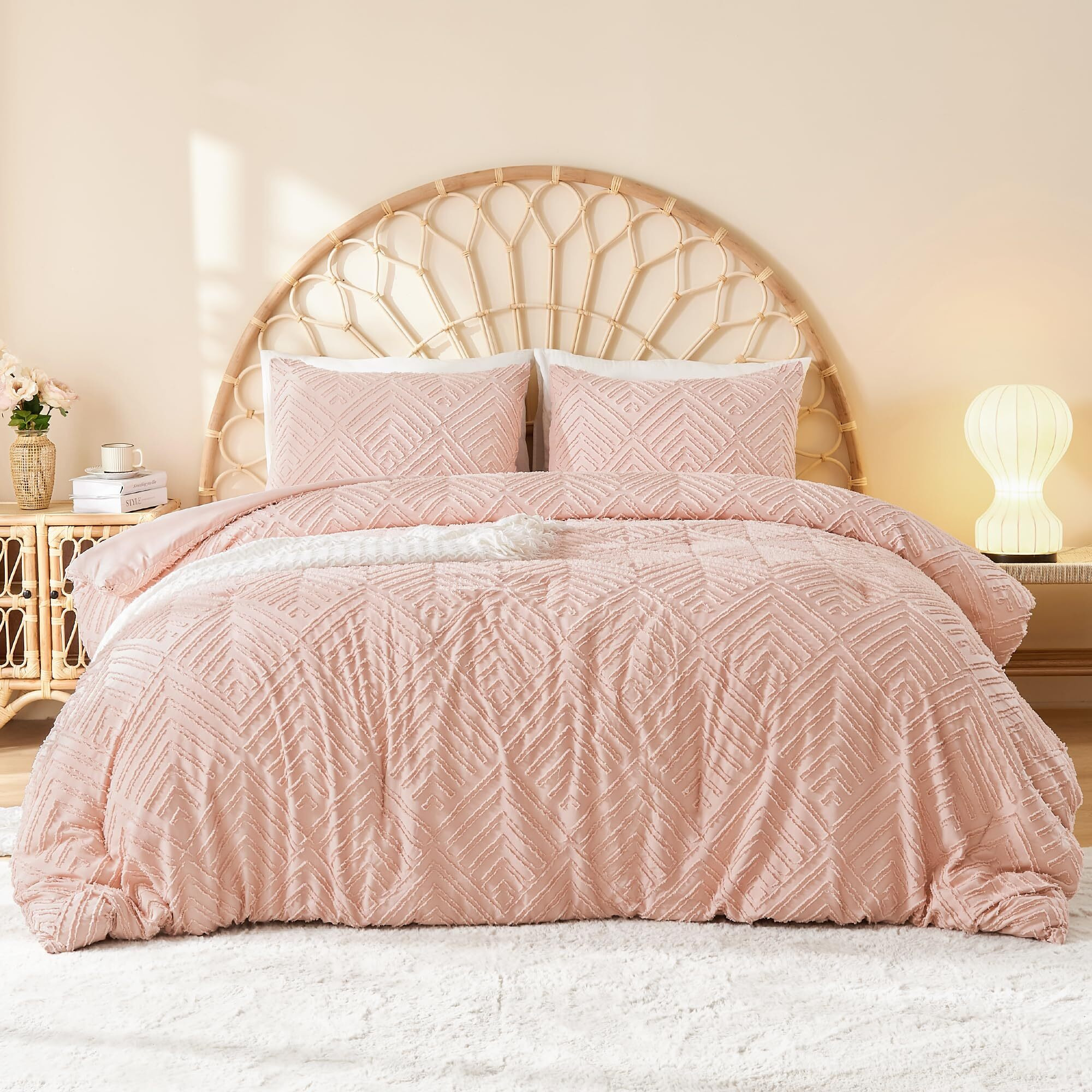 Litanika Blush Full Comforter Set, 3 Pieces Pink Tufted Boho Farmhouse Bedding Comforter Sets, Lightweight Fluffy Comforter Bed Set For All Season (79X90In Comforter And 2 Pillowcases)