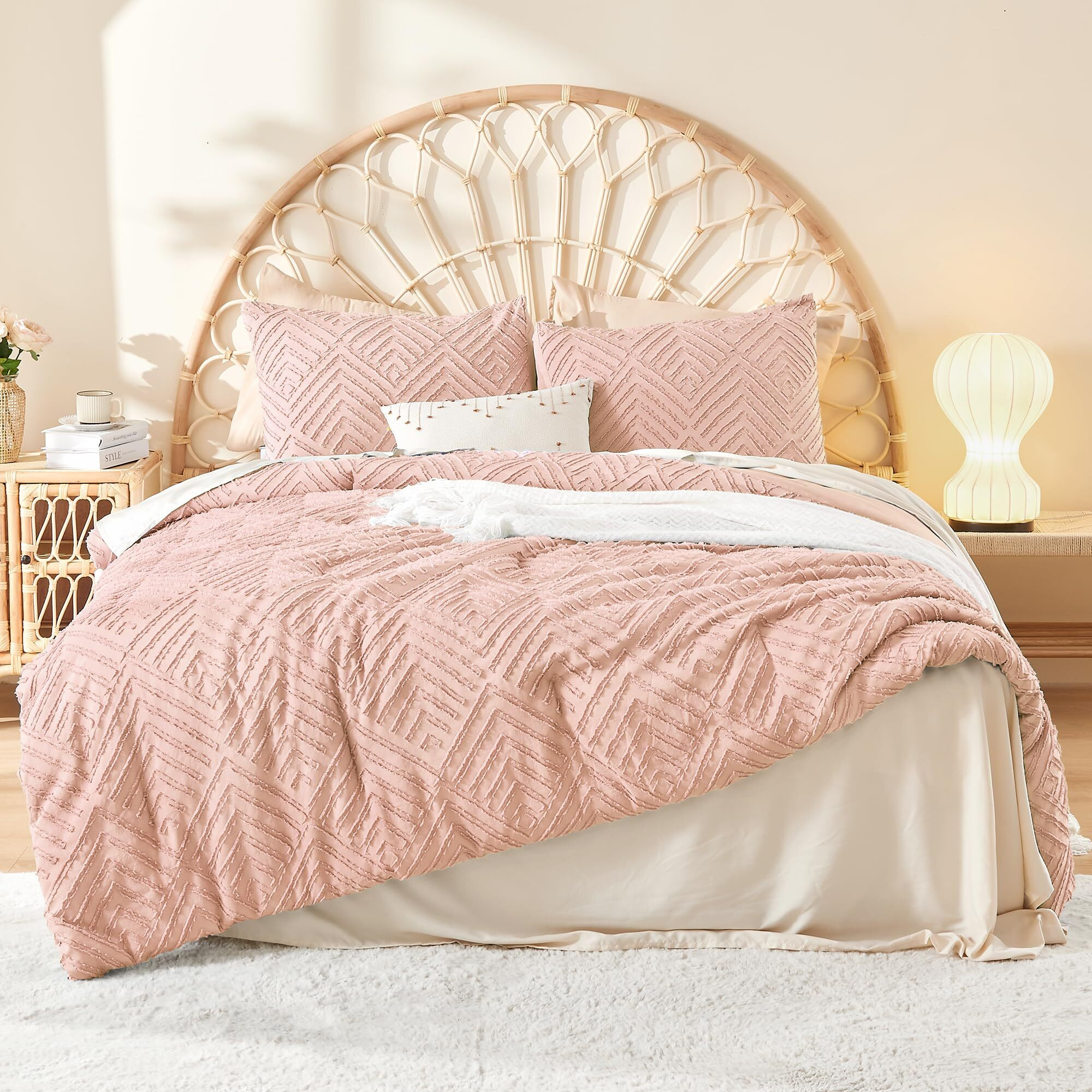 Litanika Blush Full Comforter Set, 3 Pieces Pink Tufted Boho Farmhouse Bedding Comforter Sets, Lightweight Fluffy Comforter Bed Set For All Season (79X90In Comforter And 2 Pillowcases)