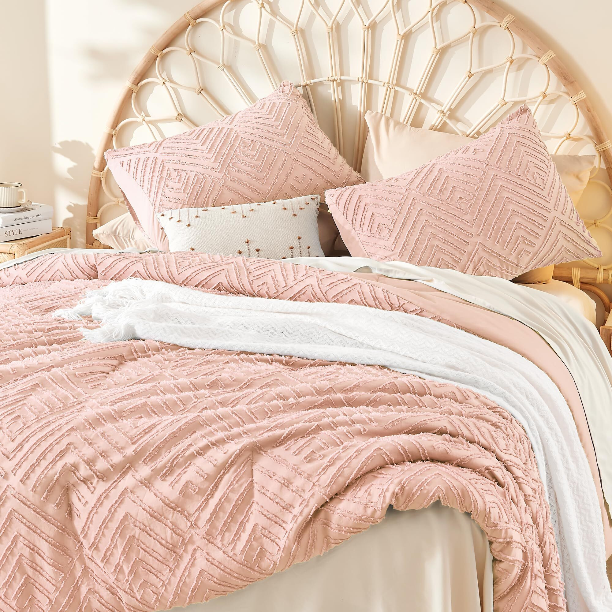 Litanika Blush Full Comforter Set, 3 Pieces Pink Tufted Boho Farmhouse Bedding Comforter Sets, Lightweight Fluffy Comforter Bed Set For All Season (79X90In Comforter And 2 Pillowcases)