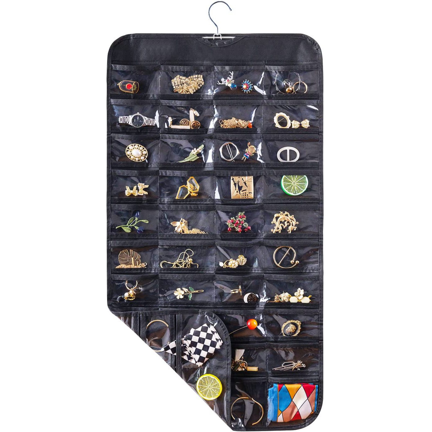 Bloss Hanging Jewelry Organizer With 80 Pockets Double-Size Hanging Jewelry Holder For Jewelry Earring Storage-Black