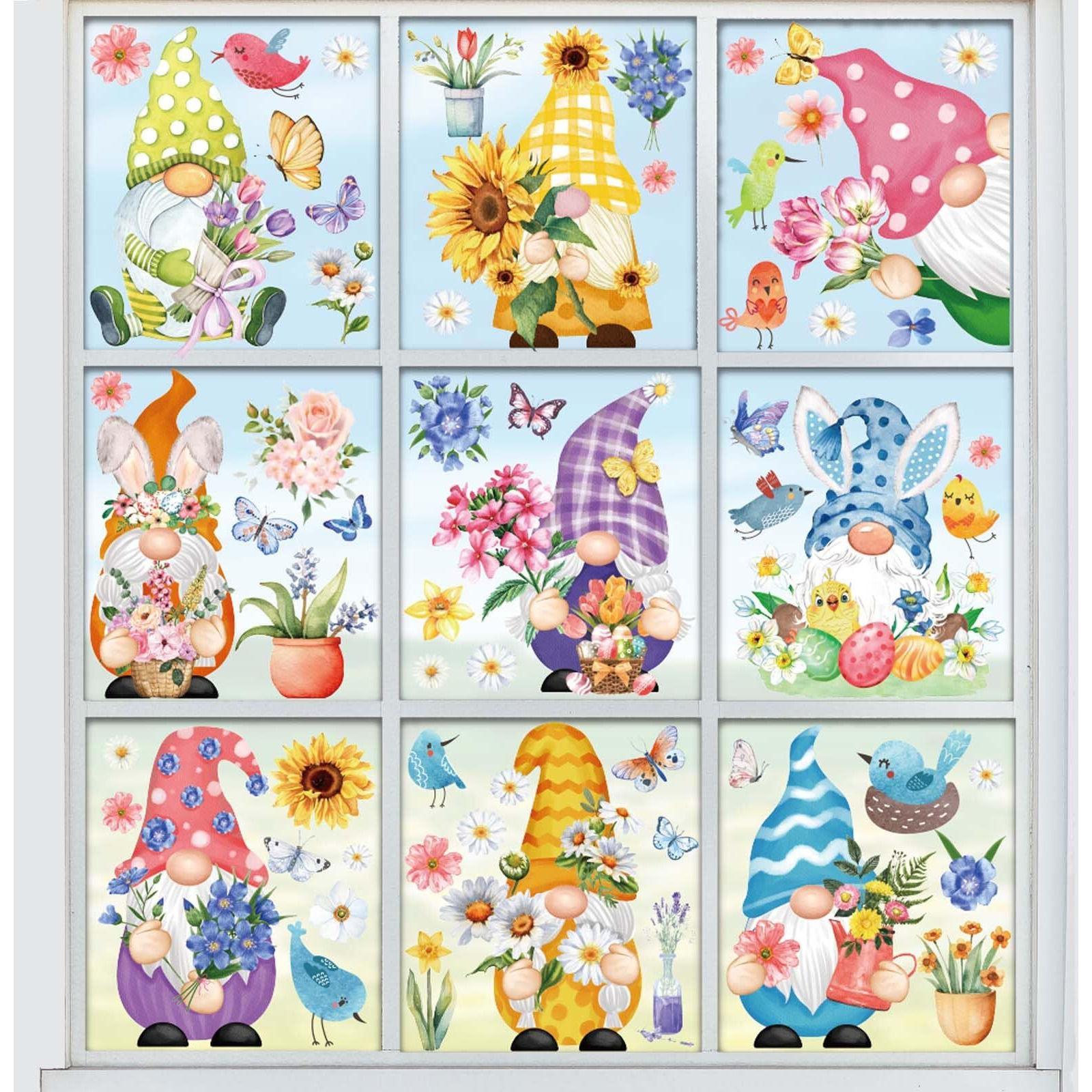 Whaline 9 Sheets Spring Gnome Flower Window Clings Watercolor Floral Butterfly Birds Window Stickers Easter Colorful Reusable Static Window Decals For Home School Party Decor Supplies