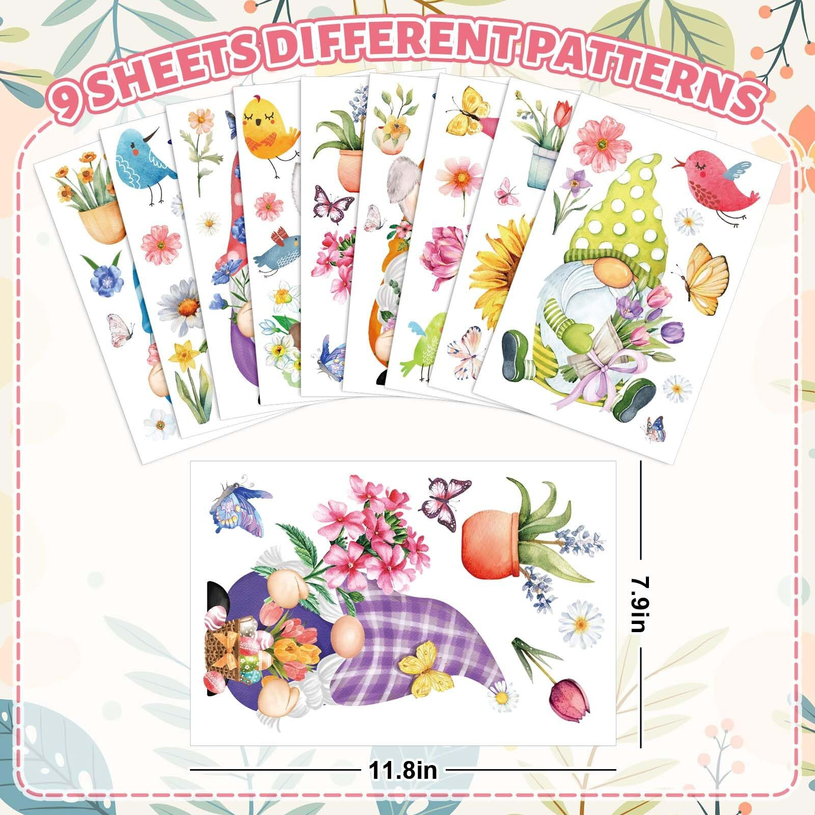 Whaline 9 Sheets Spring Gnome Flower Window Clings Watercolor Floral Butterfly Birds Window Stickers Easter Colorful Reusable Static Window Decals For Home School Party Decor Supplies