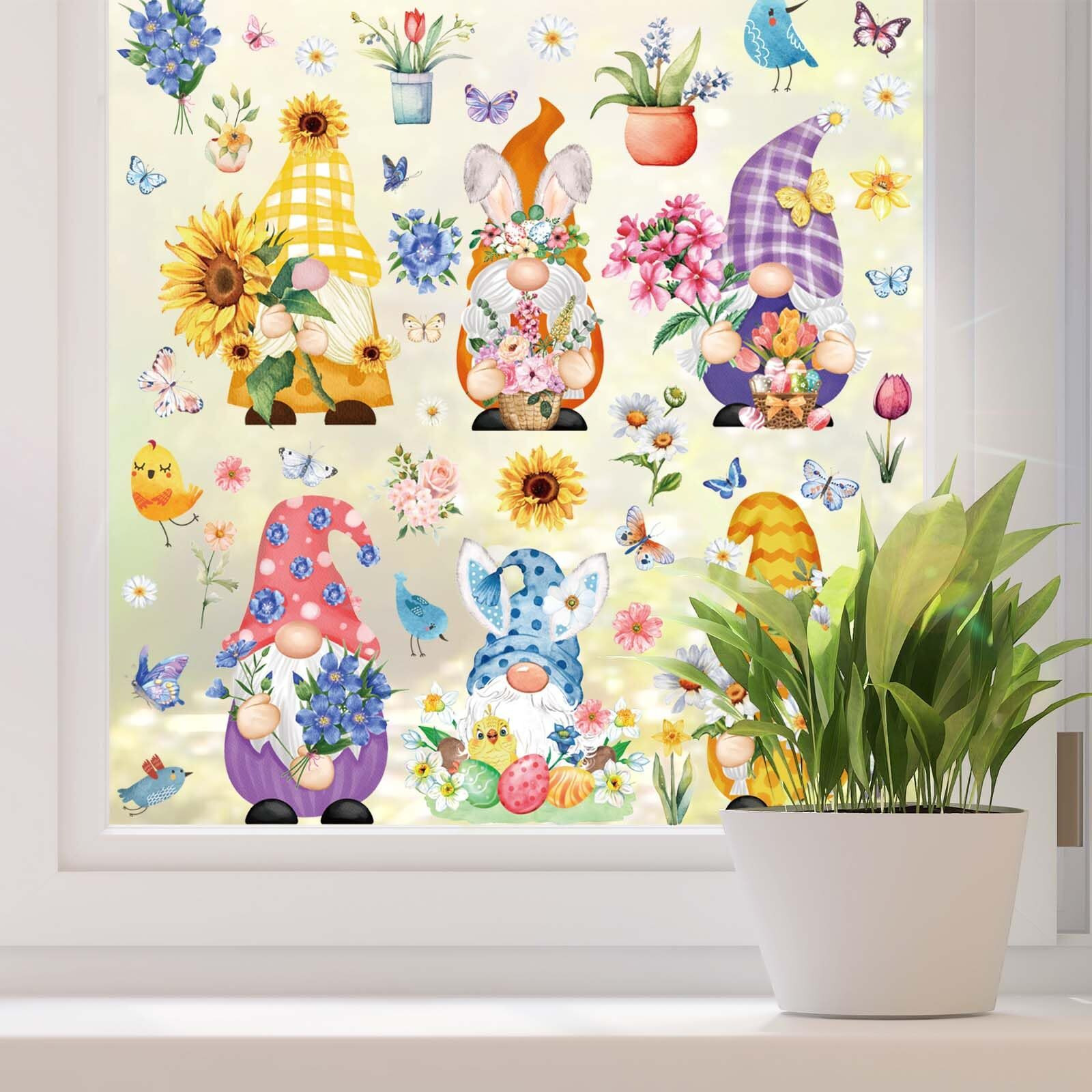 Whaline 9 Sheets Spring Gnome Flower Window Clings Watercolor Floral Butterfly Birds Window Stickers Easter Colorful Reusable Static Window Decals For Home School Party Decor Supplies