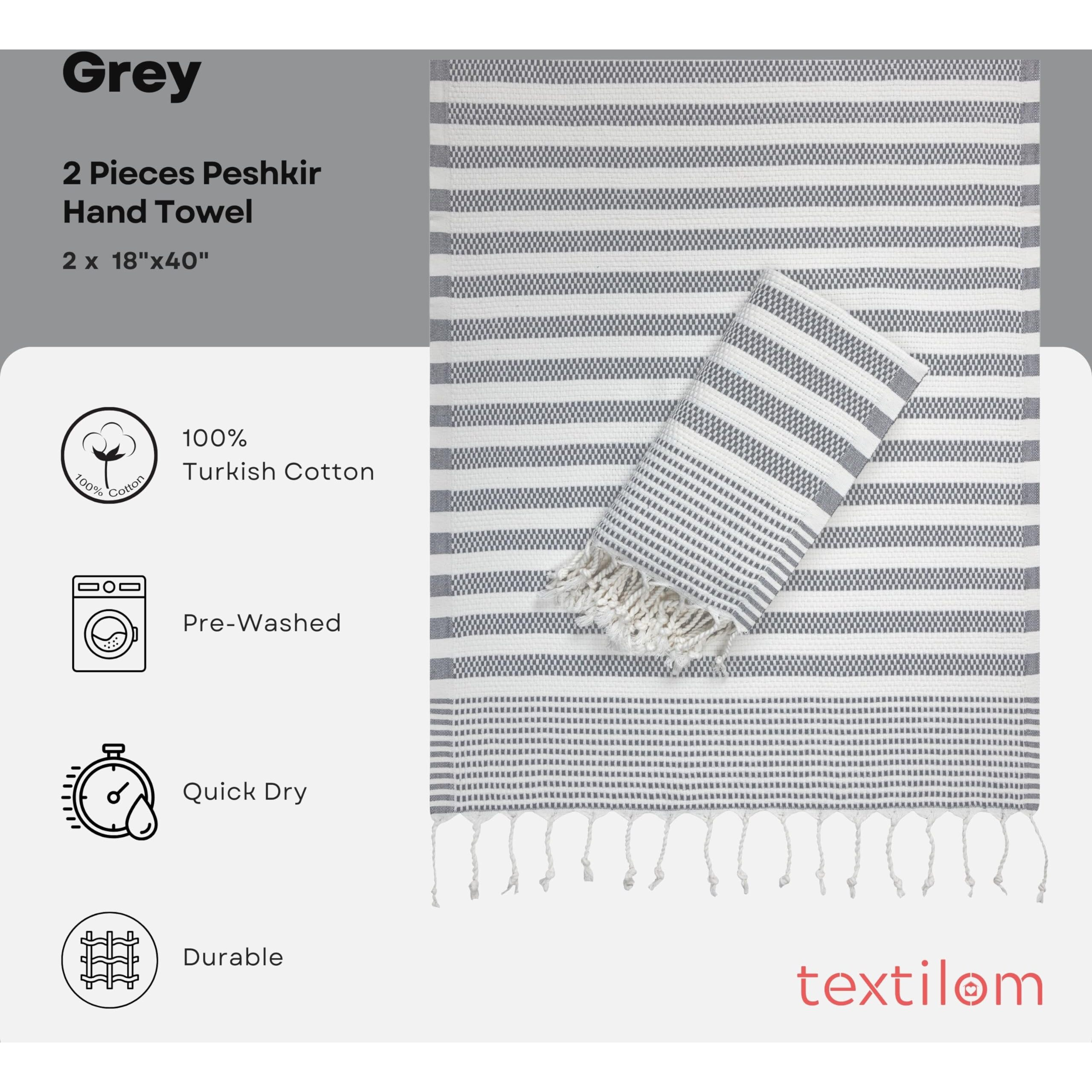 Textilom Turkish Hand Towels For Bathroom Set Of 2 I Bathroom Hand Towels & Kitchen Hand Towels & Decorative Hand Towels For Bathroom, Yoga, Gym, Workout, Tea, Face I 18''X40'', Turkish Cotton I-Grey