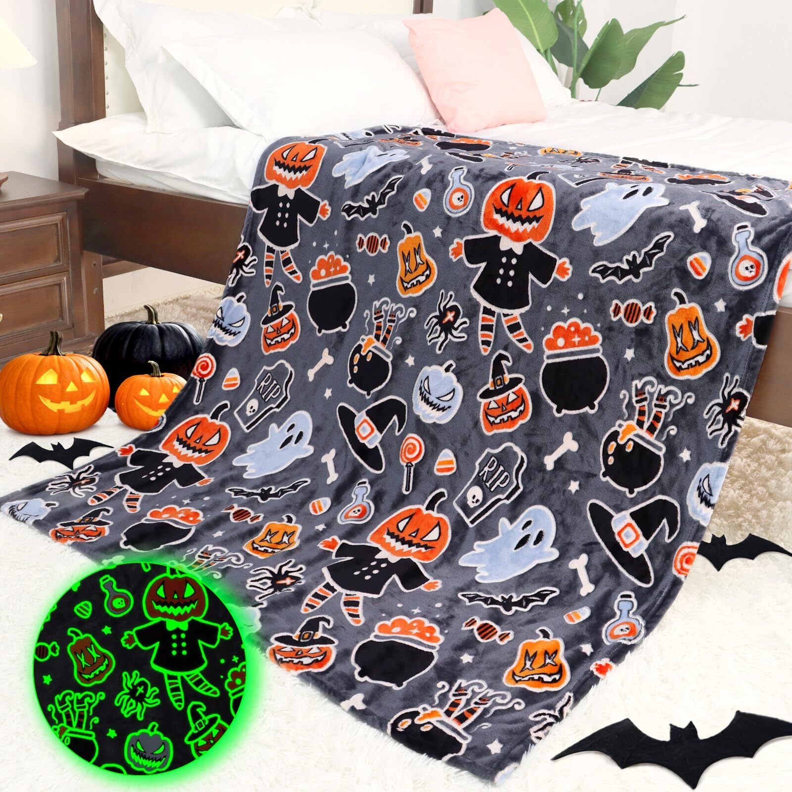 Halloween Blanket Cozy Soft Lightweight Fleece Fall Pumpkin Throw Blankets Glow In The Dark Blankets Gifts Decor For Girls Boys Teens Kids Women Birthday