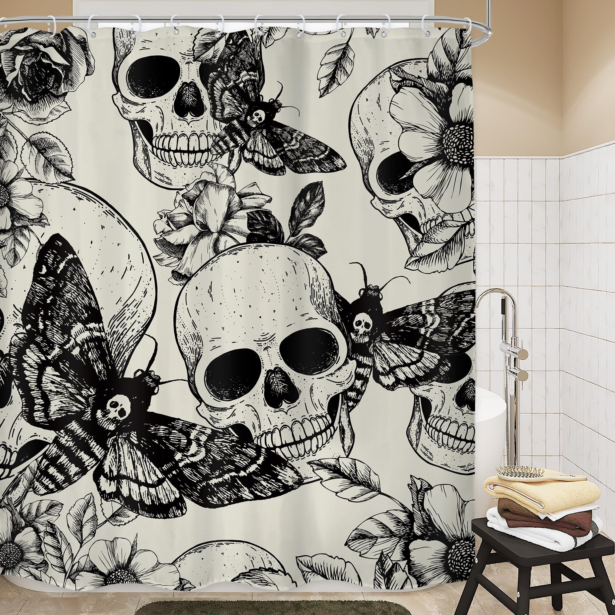 Lghtyro Gothic Skull Moth Shower Curtain Bathroom Set 60Wx71H Inches Black Deathhead Scary Skeleton Spooky Flower Mysterious Bath Accessories Retro Plant Butterfly Art Home Decor Fabric 12 Pack Hooks
