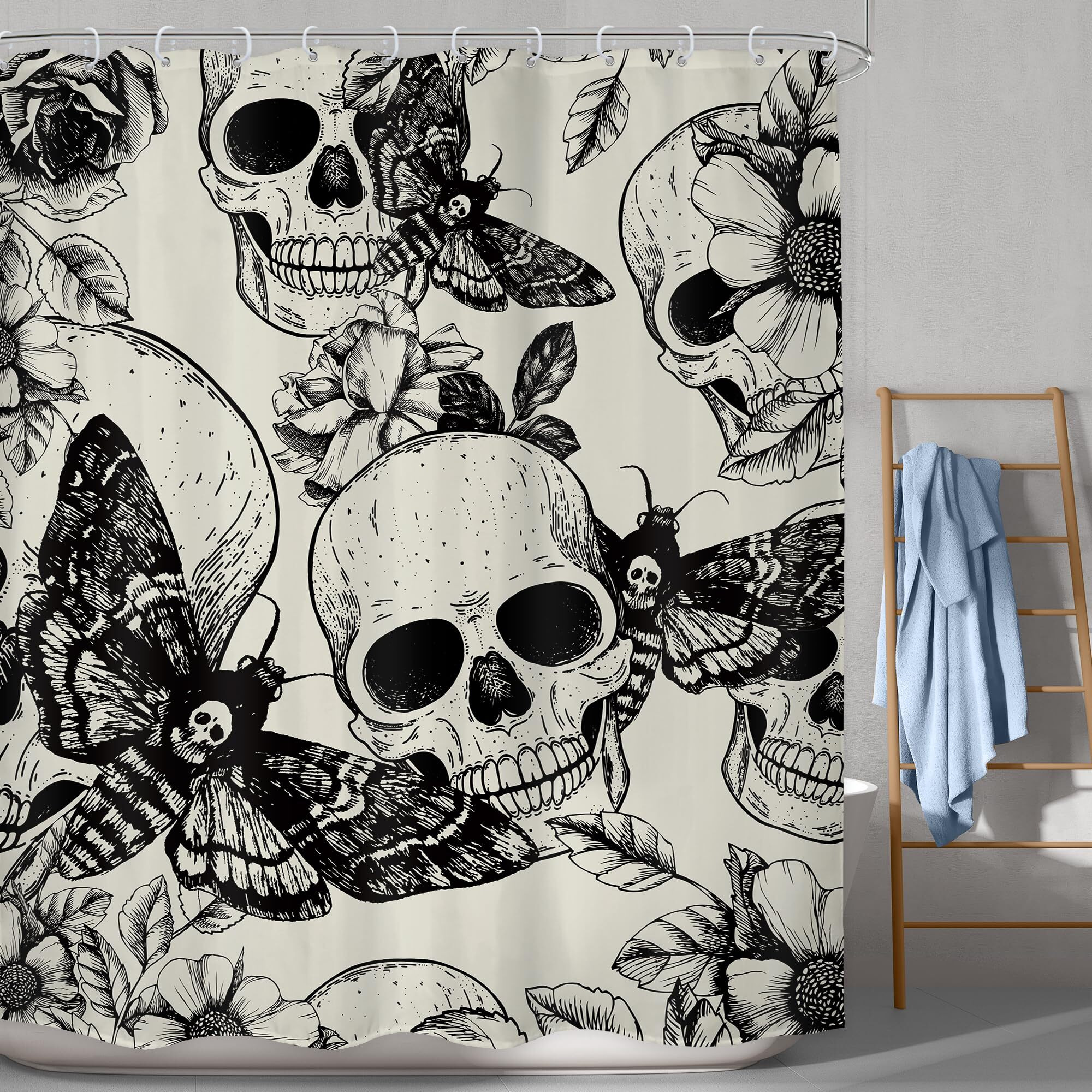 Lghtyro Gothic Skull Moth Shower Curtain Bathroom Set 60Wx71H Inches Black Deathhead Scary Skeleton Spooky Flower Mysterious Bath Accessories Retro Plant Butterfly Art Home Decor Fabric 12 Pack Hooks