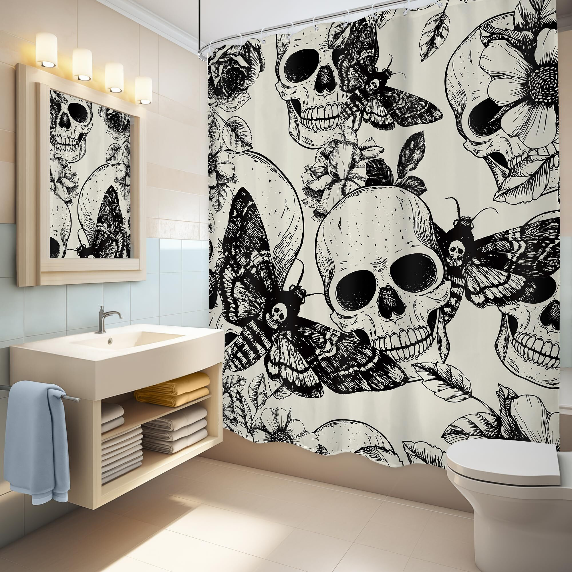 Lghtyro Gothic Skull Moth Shower Curtain Bathroom Set 60Wx71H Inches Black Deathhead Scary Skeleton Spooky Flower Mysterious Bath Accessories Retro Plant Butterfly Art Home Decor Fabric 12 Pack Hooks