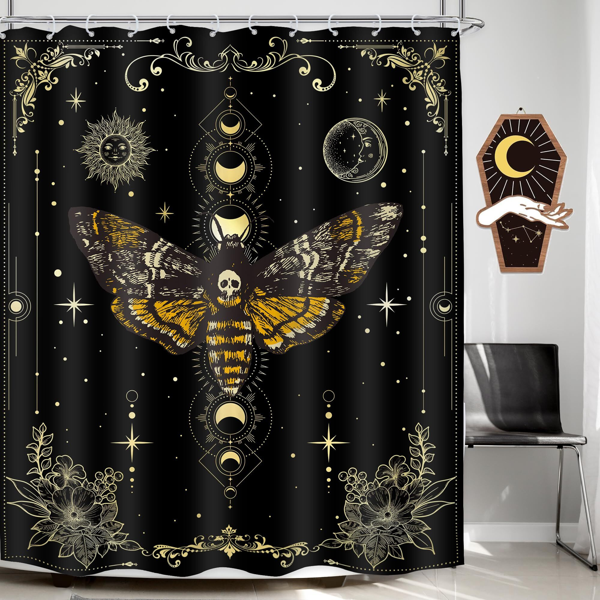 Lghtyro Skull Moth Gothic Shower Curtain Bathroom Set 60Wx71H Inches Witchy Moon Phase Black Gold Death Head Fairy Spooky Celestial Flower Bath Accessories Mystic Art Home Decor Fabric 12 Pack Hooks
