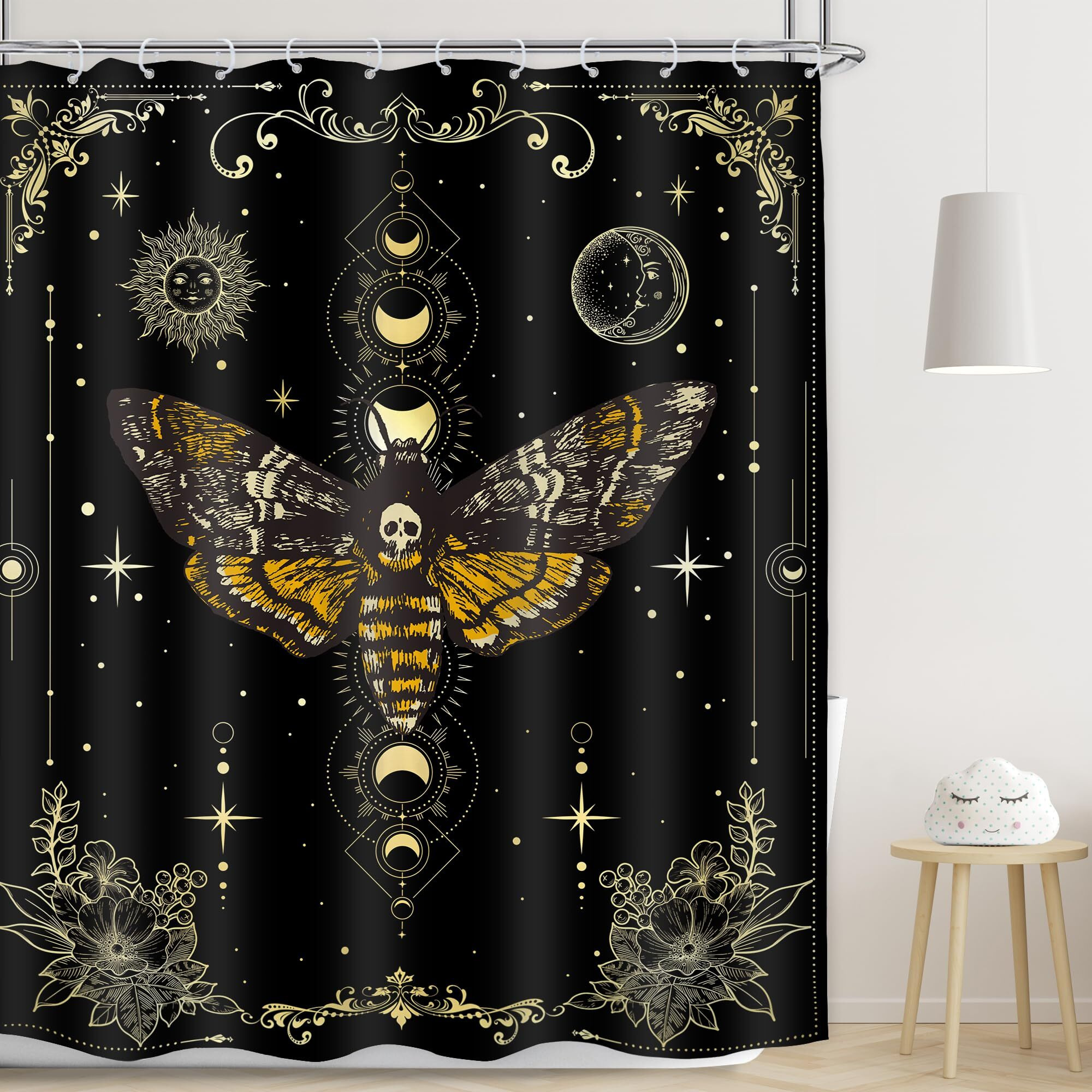 Lghtyro Skull Moth Gothic Shower Curtain Bathroom Set 60Wx71H Inches Witchy Moon Phase Black Gold Death Head Fairy Spooky Celestial Flower Bath Accessories Mystic Art Home Decor Fabric 12 Pack Hooks