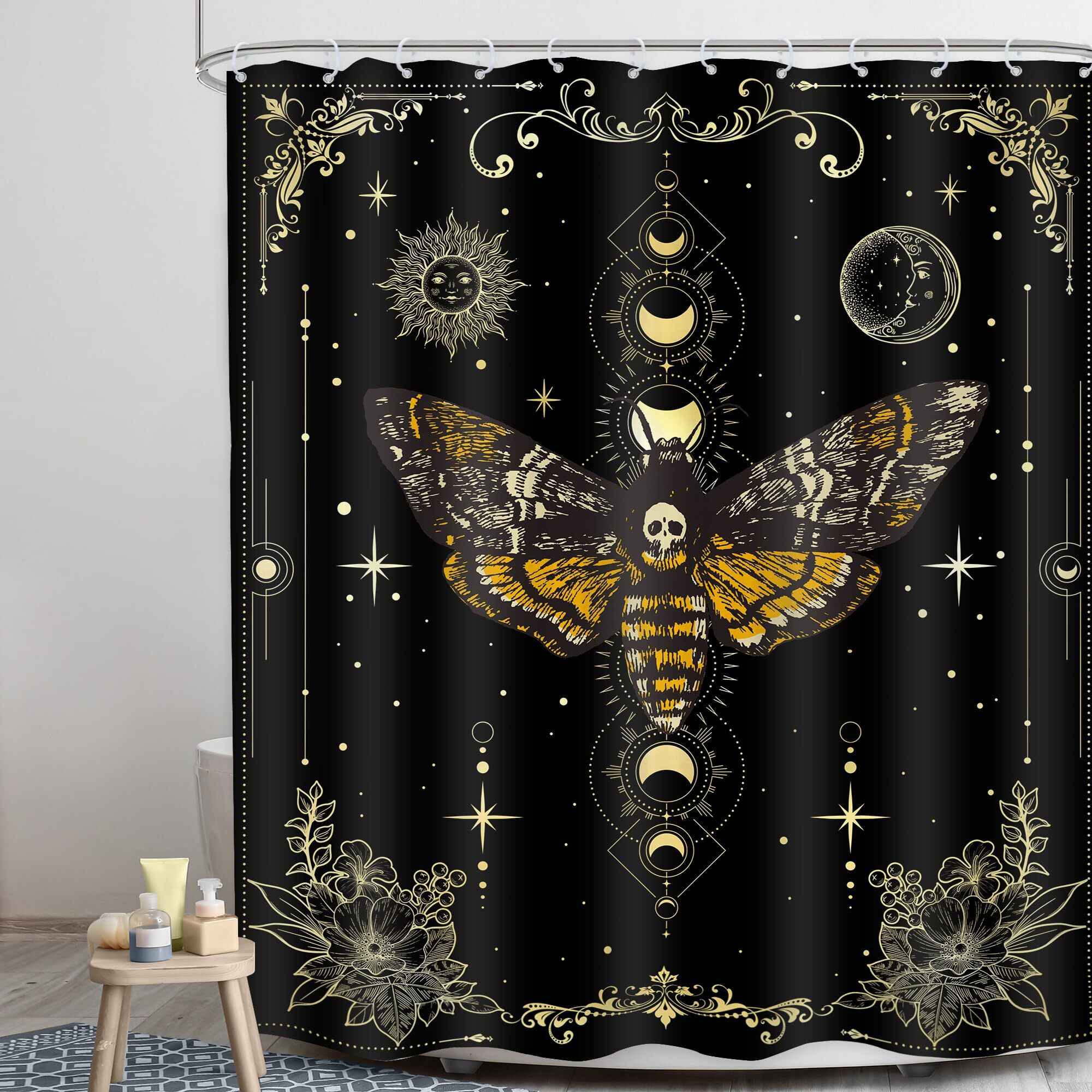 Lghtyro Skull Moth Gothic Shower Curtain Bathroom Set 60Wx71H Inches Witchy Moon Phase Black Gold Death Head Fairy Spooky Celestial Flower Bath Accessories Mystic Art Home Decor Fabric 12 Pack Hooks