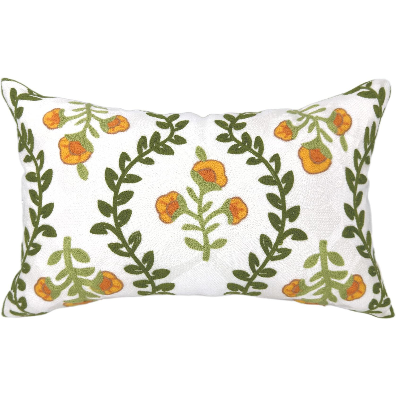 Alysheer Flower Embroidered Summer Decorative Lumbar Throw Pillow Cover 12"&quotX 20"", Farmhouse Cottage Orange Floral Green Leaves Patterned Cotton Canvas Cushion Case For Sofa Couch Bed Living Room