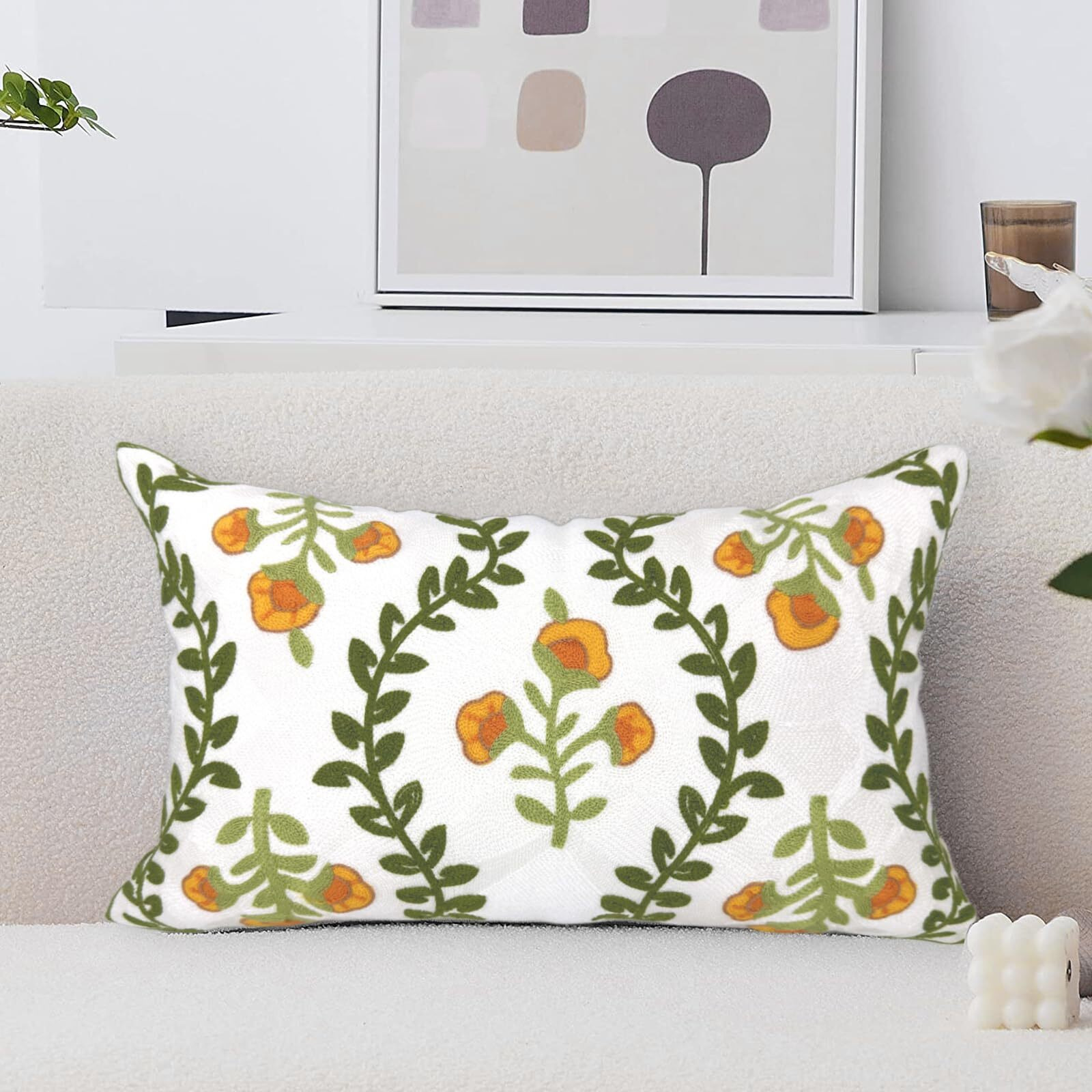 Alysheer Flower Embroidered Summer Decorative Lumbar Throw Pillow Cover 12"&quotX 20"", Farmhouse Cottage Orange Floral Green Leaves Patterned Cotton Canvas Cushion Case For Sofa Couch Bed Living Room