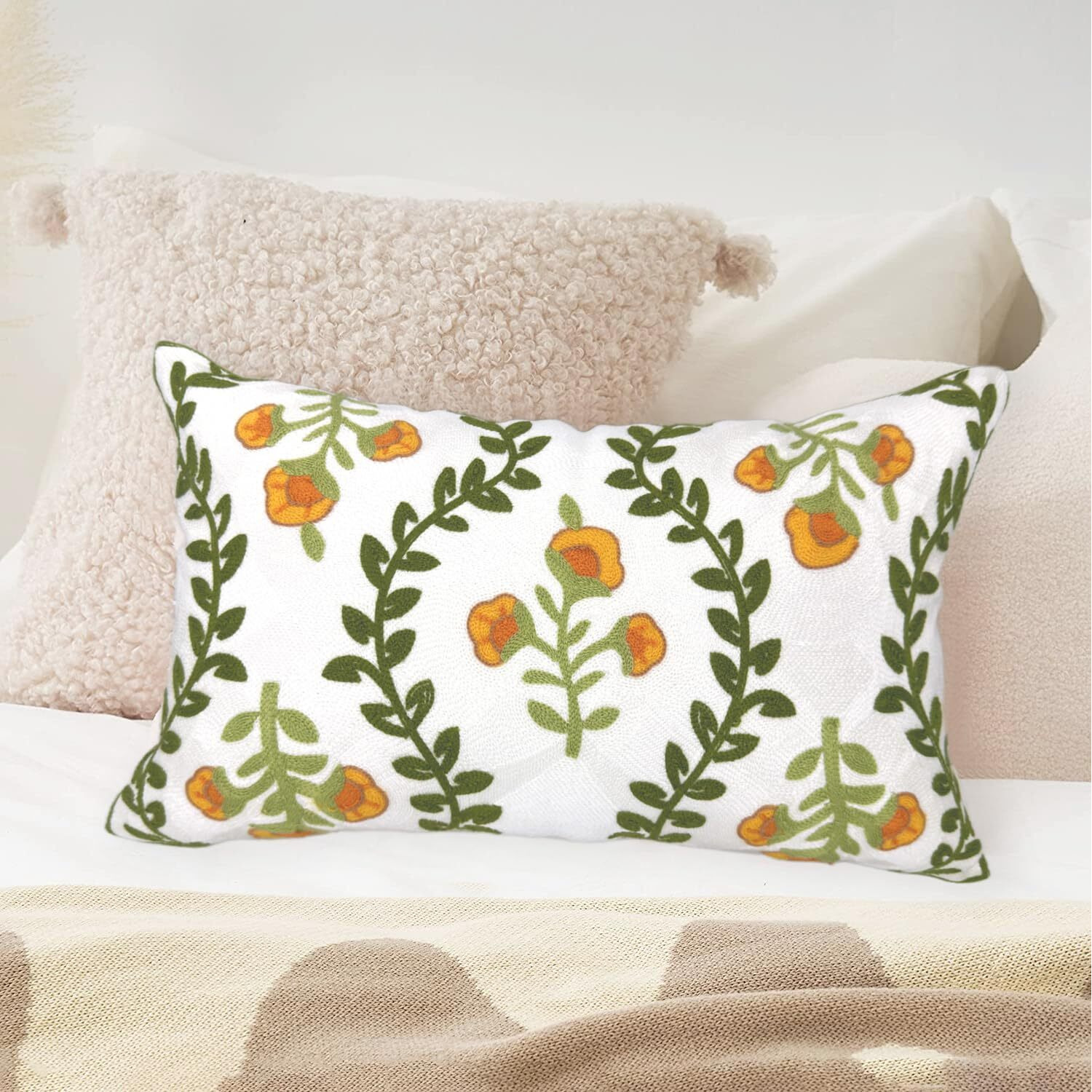 Alysheer Flower Embroidered Summer Decorative Lumbar Throw Pillow Cover 12"&quotX 20"", Farmhouse Cottage Orange Floral Green Leaves Patterned Cotton Canvas Cushion Case For Sofa Couch Bed Living Room