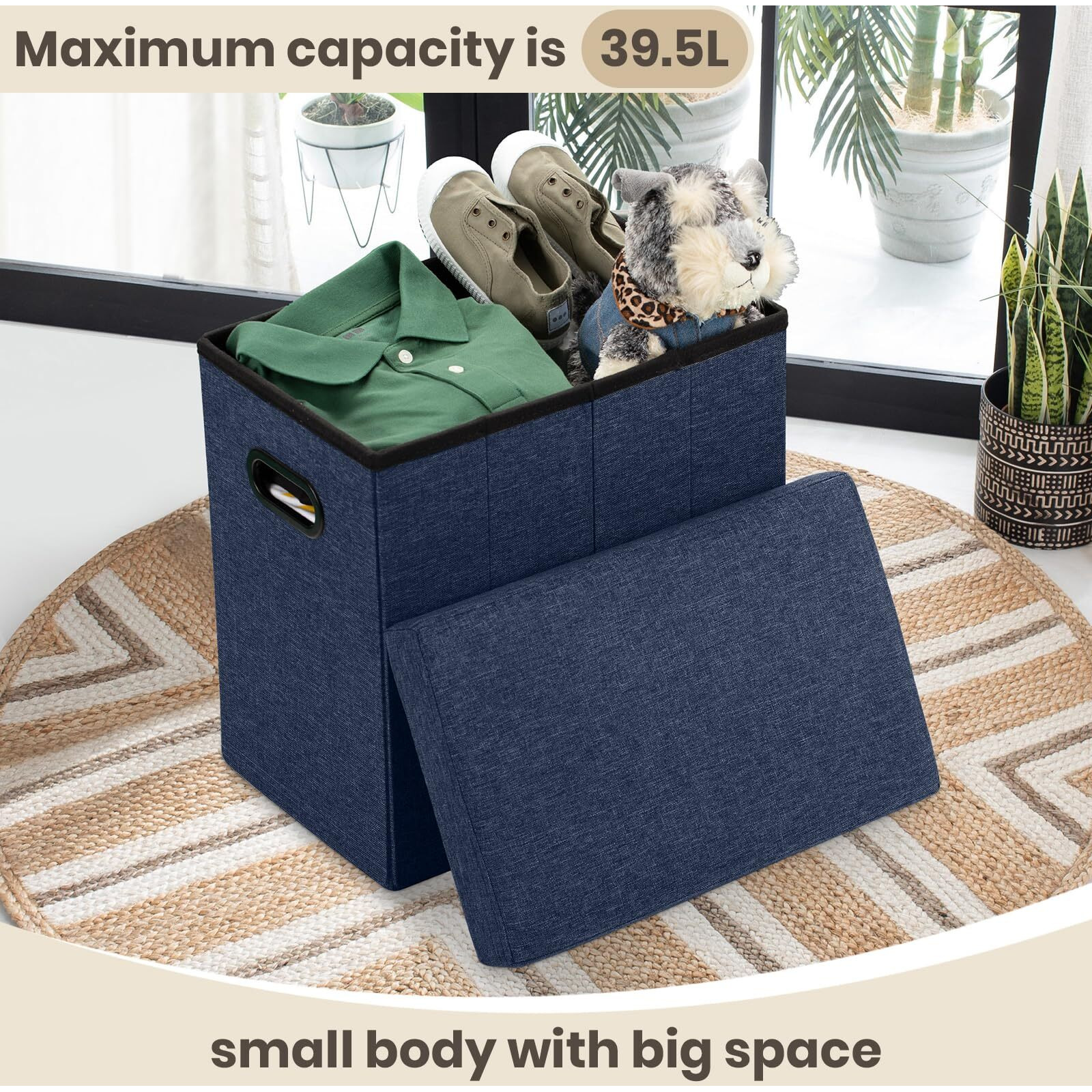 Cosyland Ottoman With Storage Collapsible Fabric Ottoman Footrest Foot Stool Ottoman For Room Small Slim Tall Folding Ottoman Furniture With Handles Lid Toy Chest Linen Gray 16.5X16.5X10.6In Navy