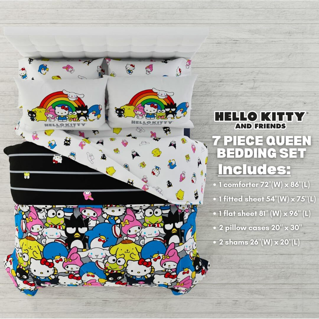 Franco Sanrio Hello Kitty & Friends Bedding 7 Piece Super Soft Comforter And Sheet Set With Sham, Queen, (100% Official Licensed Product) Collectibles