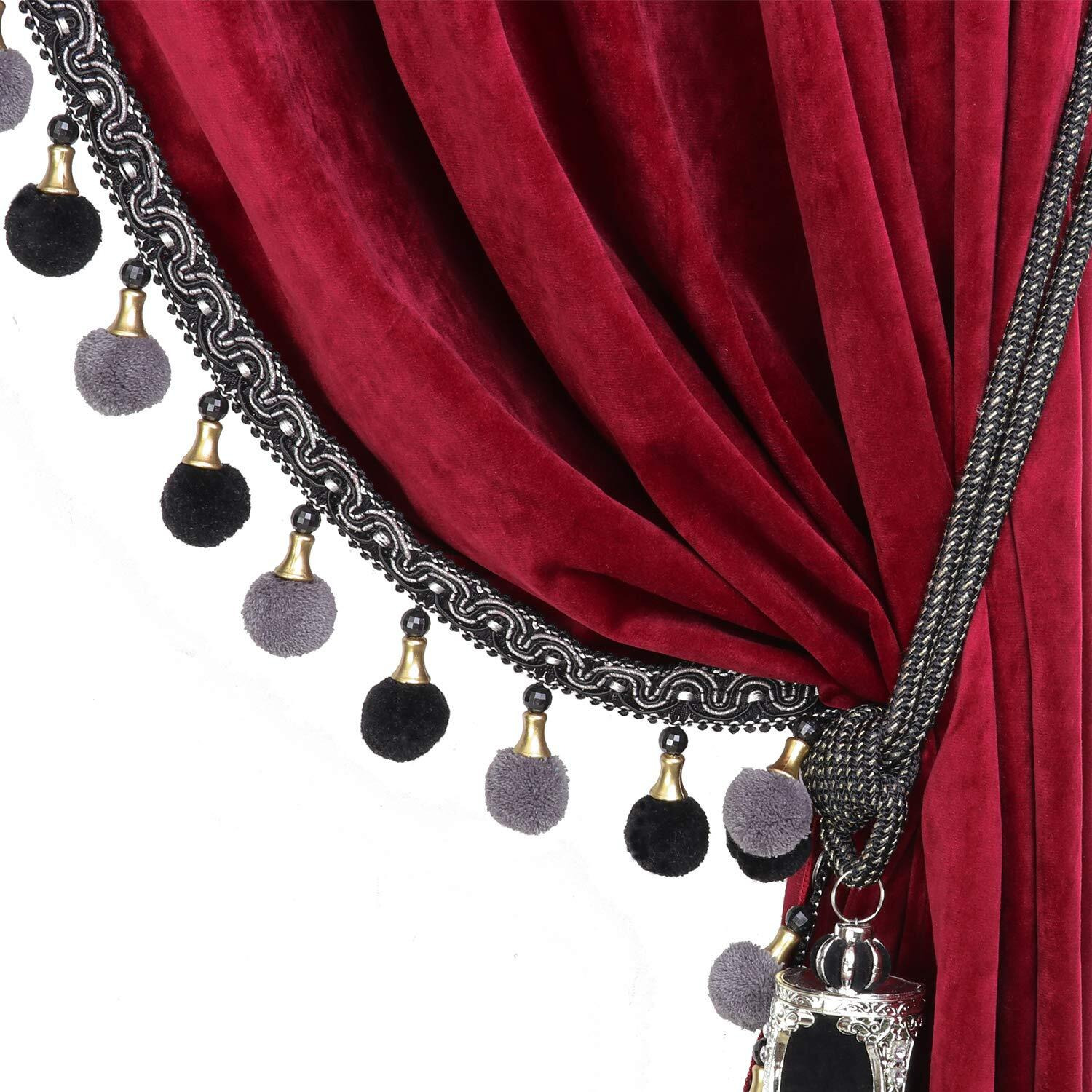 Luxury Curtain For Living Room Blackout Velvet 2 Panels Curtains Set Luxury Tassel Bedroom Curtains (Burgundy, (100W  96L)  2)