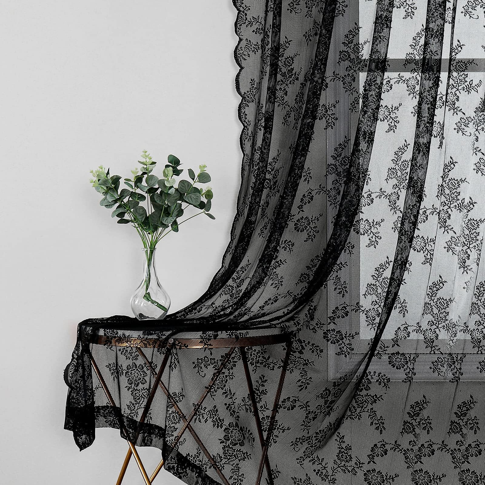 Black Lace Curtains For Bedroom Living Room 54 Inch Long Vintage Floral Embroidered Sheer Voile Window Treatment Sets Durable Rose Lace Fabric Rod Pocket Curtain Drapes For Garden Balcony, 2 Panels