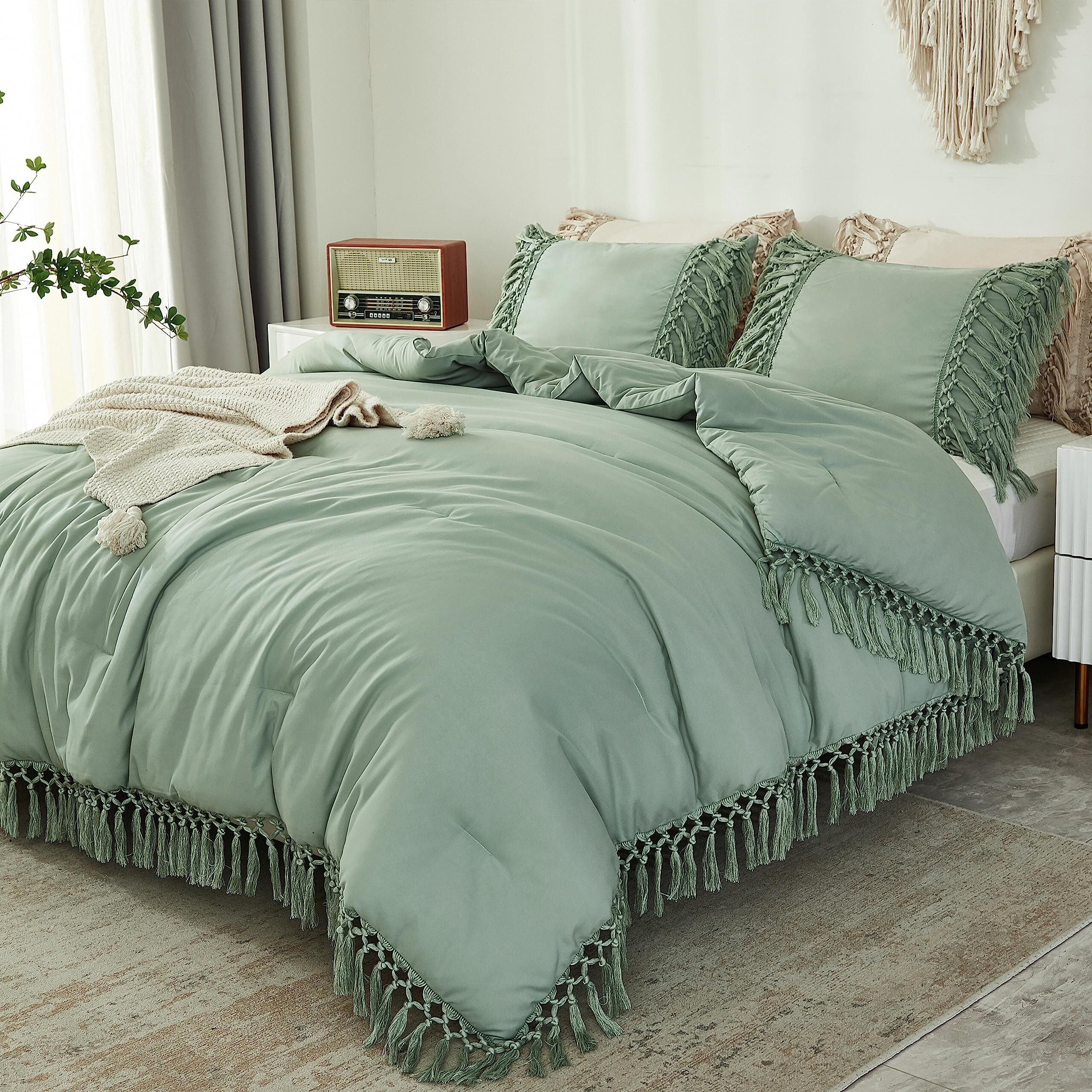 Andency Comforter King Size Set Sage Green, 3 Pieces Boho Tassel Lightweight Vintage Soft Bedding Comforter Sets For King Bed, All Season Fluffy Fringe Bed Set (104X90In Comforter & 2 Pillowcases)