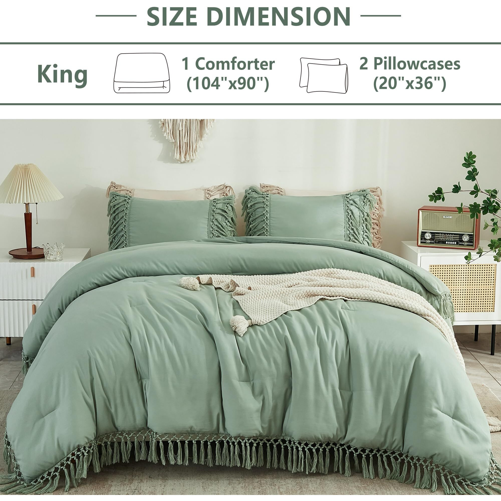 Andency Comforter King Size Set Sage Green, 3 Pieces Boho Tassel Lightweight Vintage Soft Bedding Comforter Sets For King Bed, All Season Fluffy Fringe Bed Set (104X90In Comforter & 2 Pillowcases)