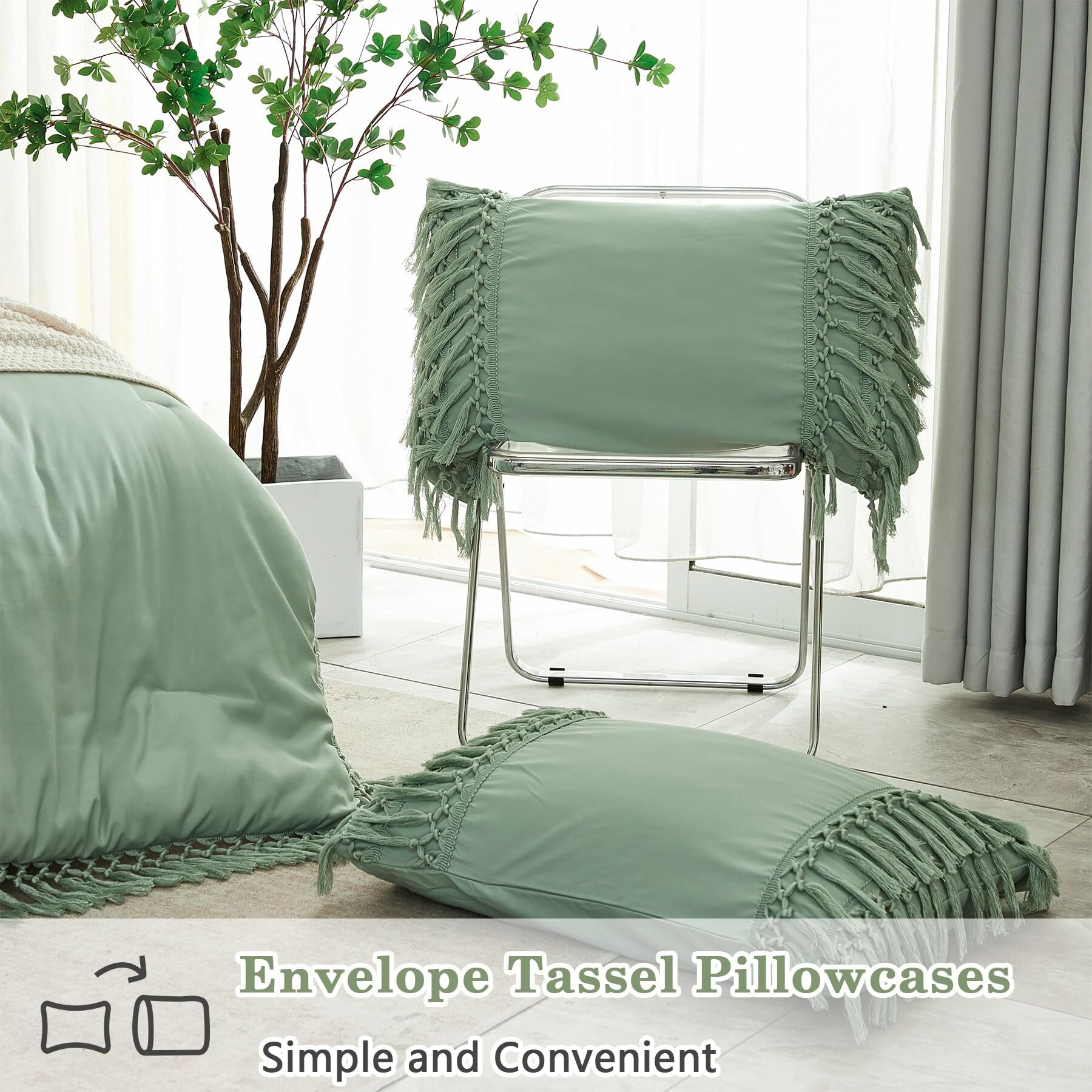 Andency Comforter King Size Set Sage Green, 3 Pieces Boho Tassel Lightweight Vintage Soft Bedding Comforter Sets For King Bed, All Season Fluffy Fringe Bed Set (104X90In Comforter & 2 Pillowcases)